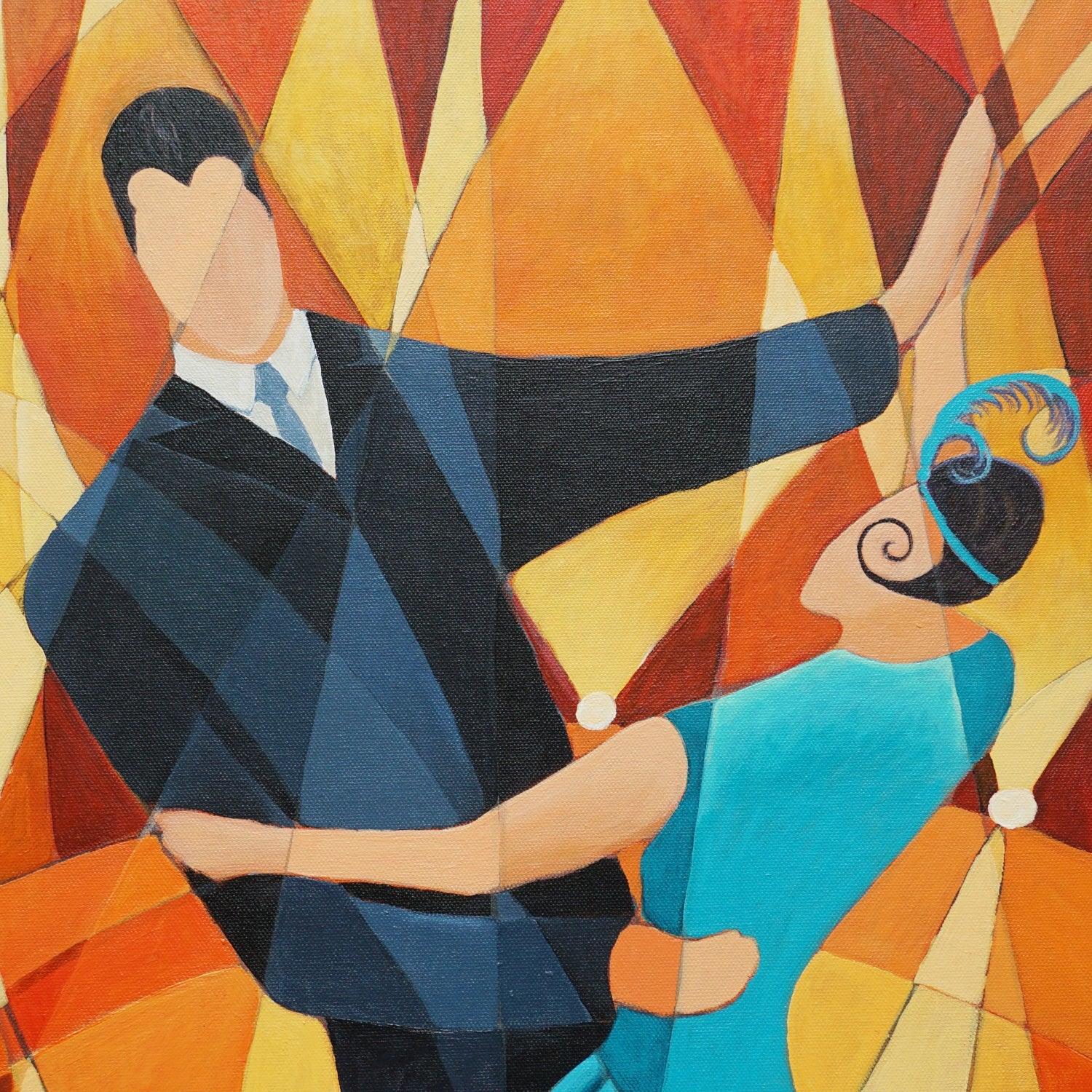 'Tango' An Art Deco Style Contemporary painting by Vera Jefferson depicting a couple dancing the Tango against a stylised, abstract background .  Signed V Jefferson to lower right. 