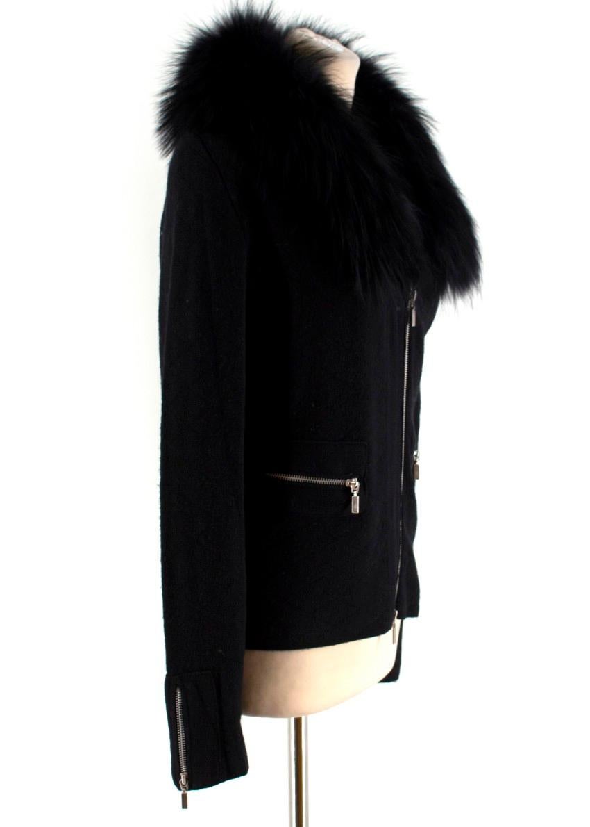 Tania Black Cashmere Cardigan with Fox Fur Collar

-Black quilted cashmere and silk cardigan
-Silver tone zips
-Black fox fur collar
-Two front zipped pockets
-Zip closure

Please note, these items are pre-owned and may show signs of being stored
