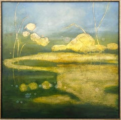Peinture à l'huile abstraite contemporaine « Aquaculture », bleu et vert