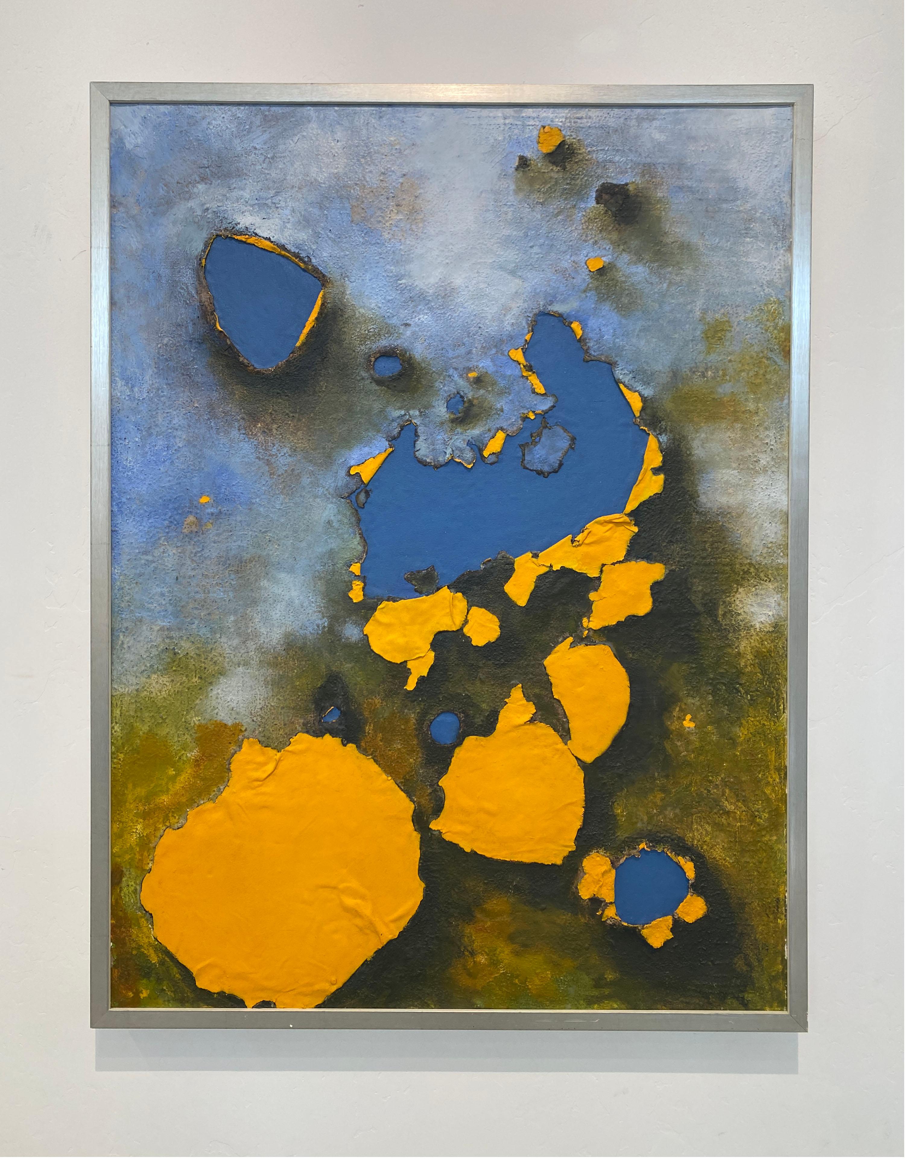 Blasted Through and it's Blue, oil painting, encaustic, abstract blue and yellow - Painting by Tania Dibbs