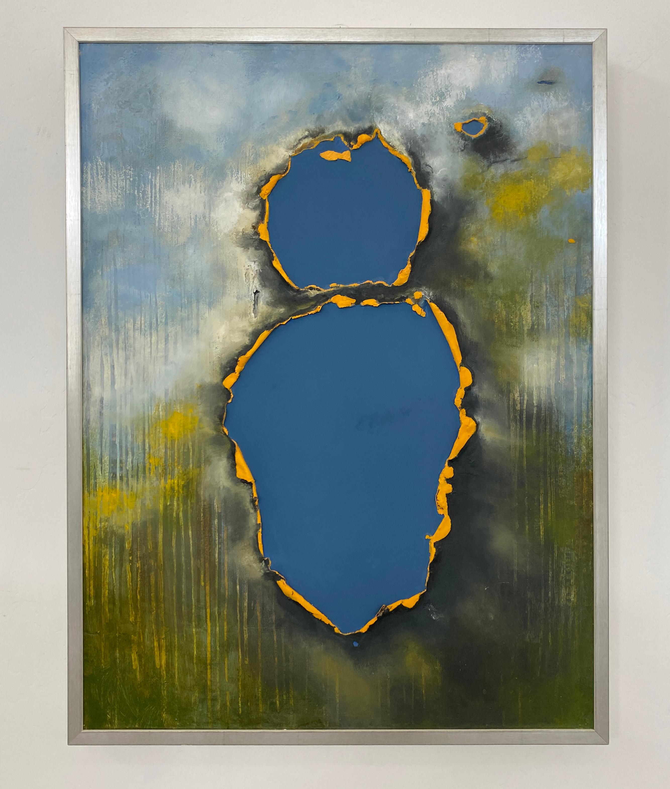 Blasted Through and it's Blue, peinture à l'huile, à l'encaustique, bleu et jaune abstrait - Painting de Tania Dibbs