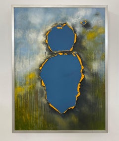 Blasted Through and it's Blue, oil painting, encaustic, abstract blue and yellow