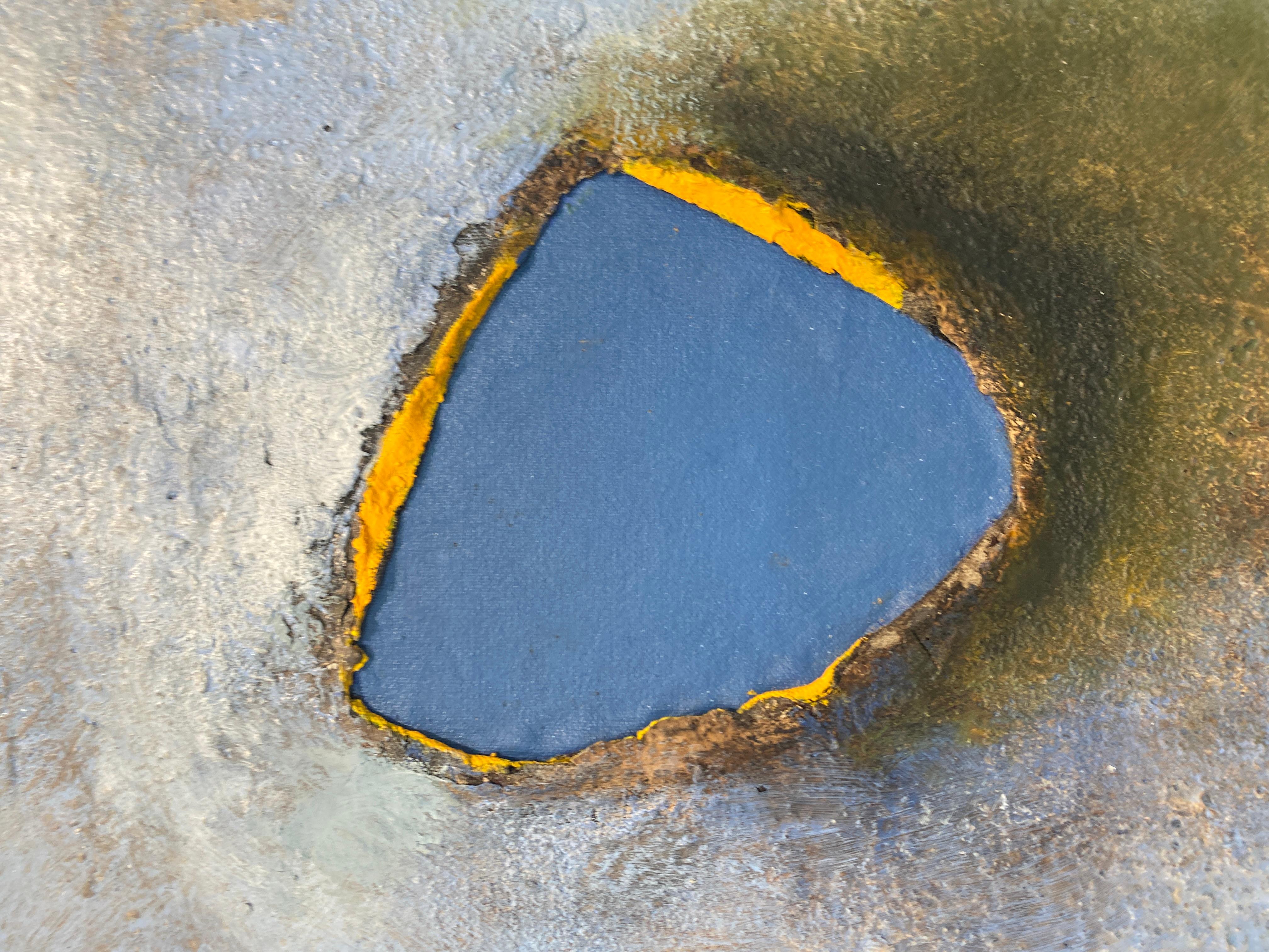 Blasted Through and it's Blue, oil painting, encaustic, abstract blue and yellow - Abstract Painting by Tania Dibbs