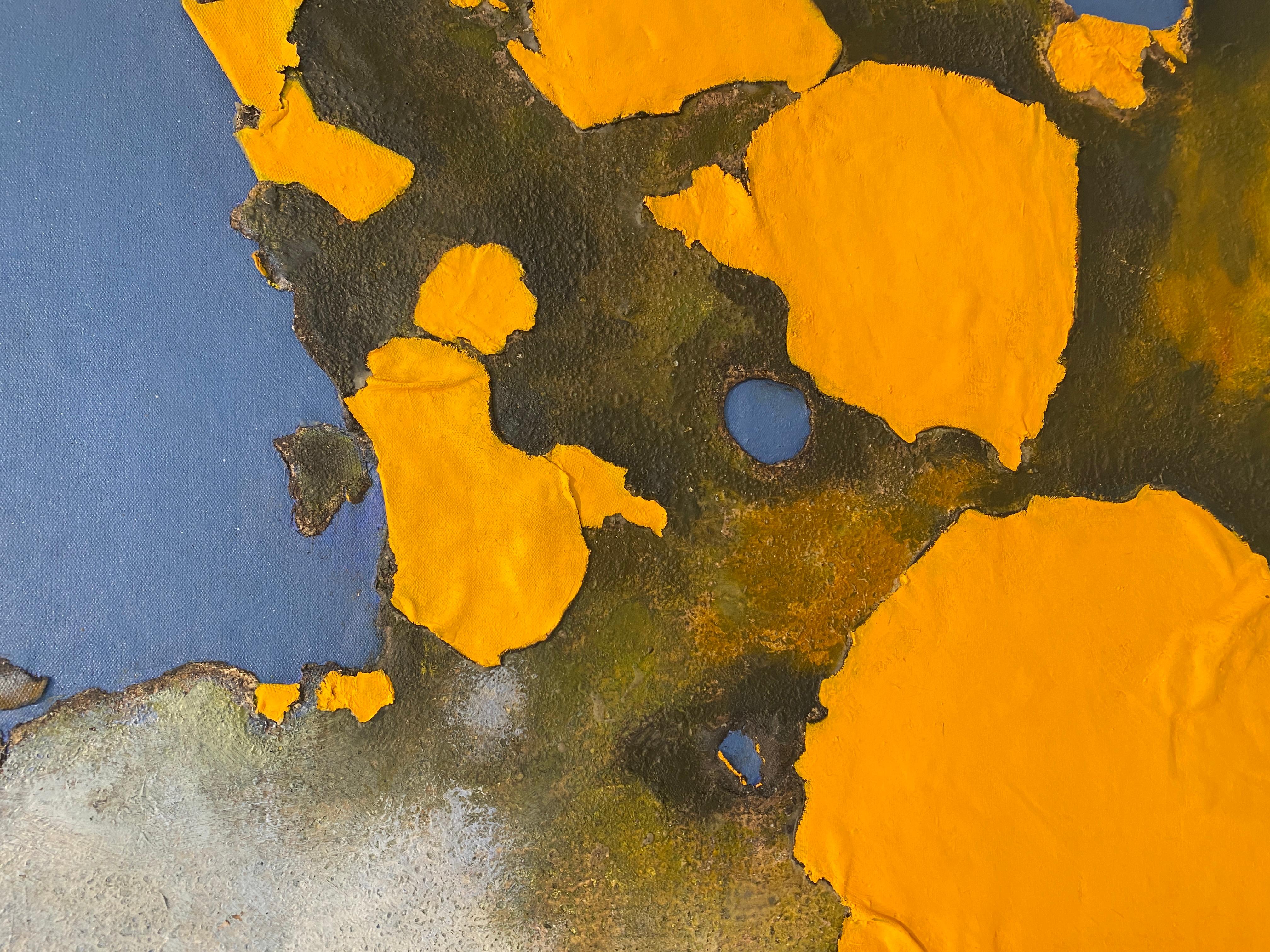 Blasted Through and it's Blue, oil painting, encaustic, abstract blue and yellow For Sale 2