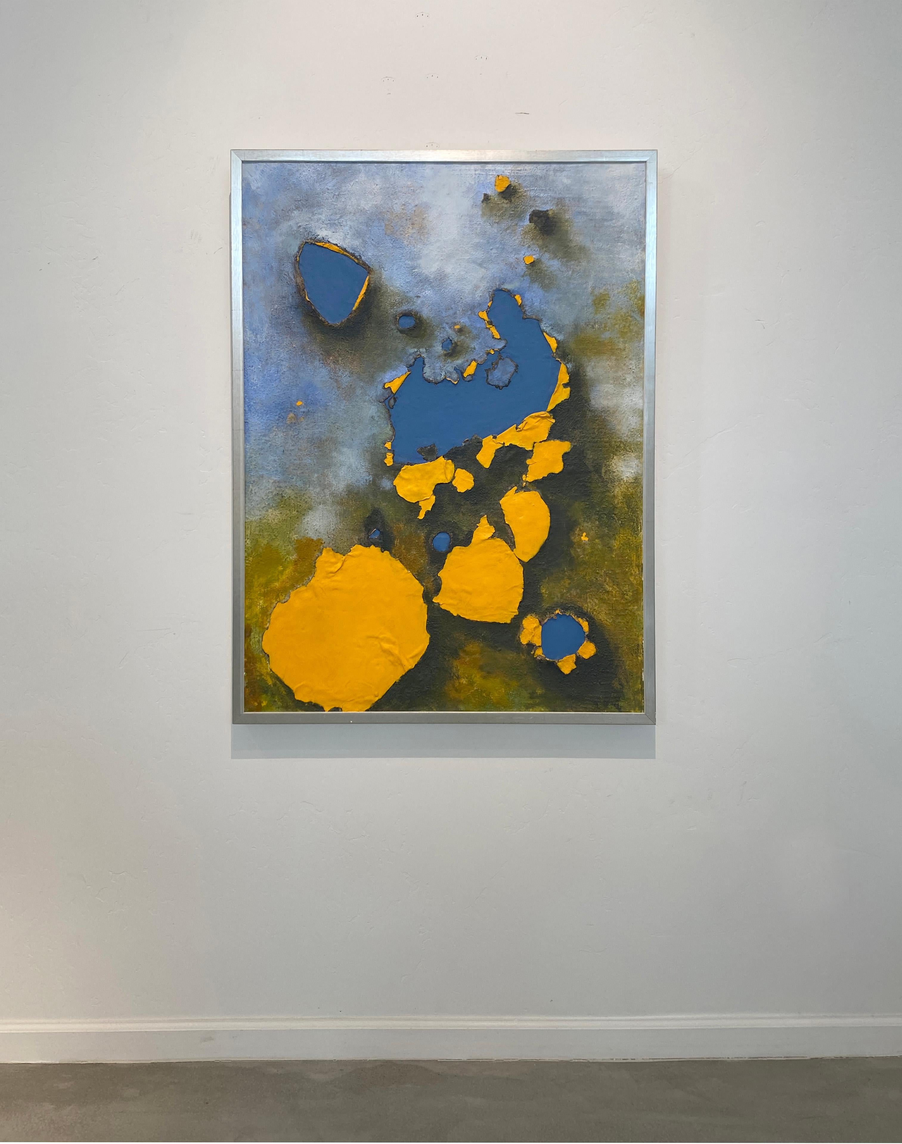 Tania Dibbs Abstract Painting - Blasted Through and it's Blue, oil painting, encaustic, abstract blue and yellow