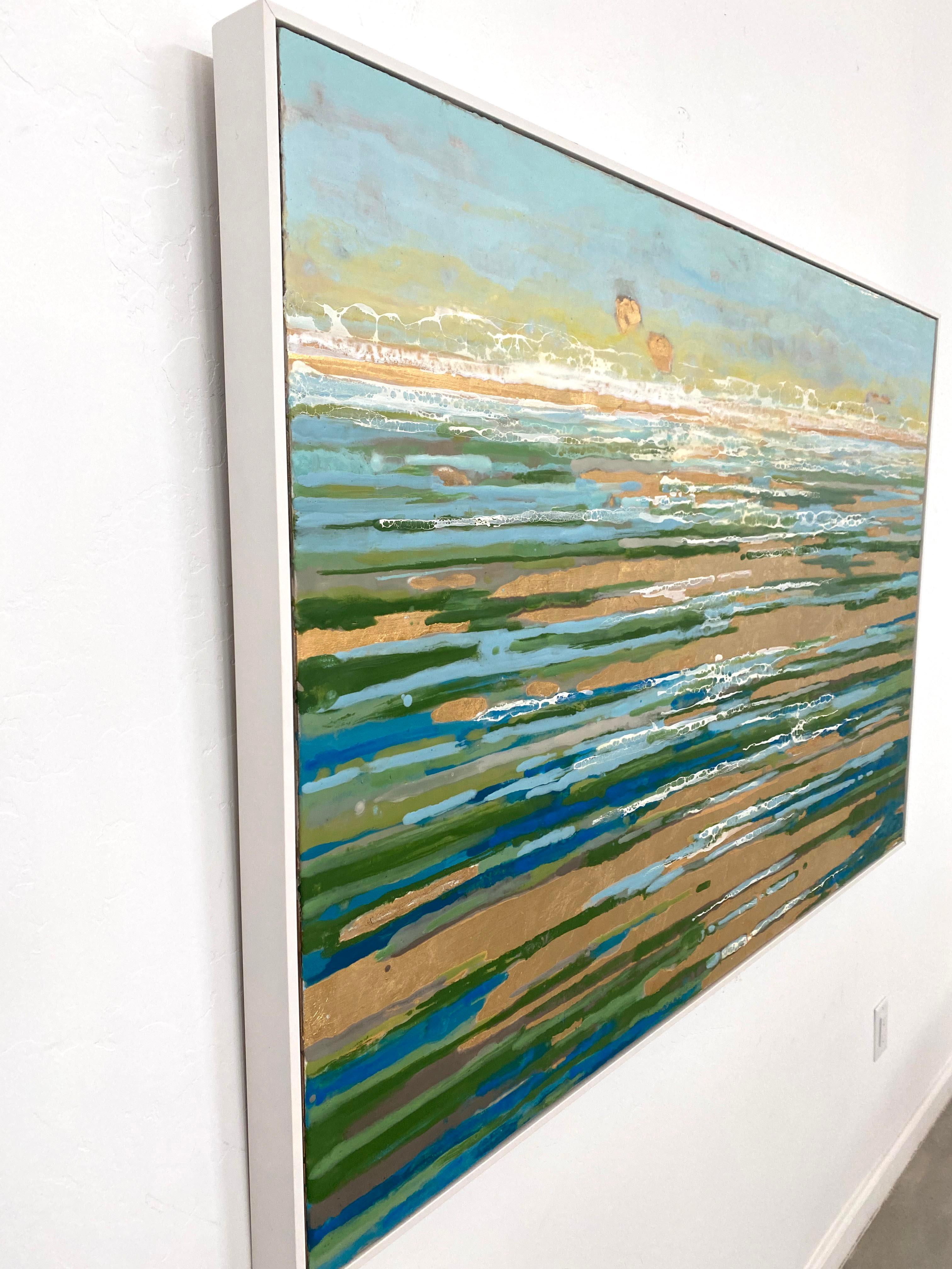 Bright Water, blue and green encaustic on gold leaf in white frame - Abstract Painting by Tania Dibbs