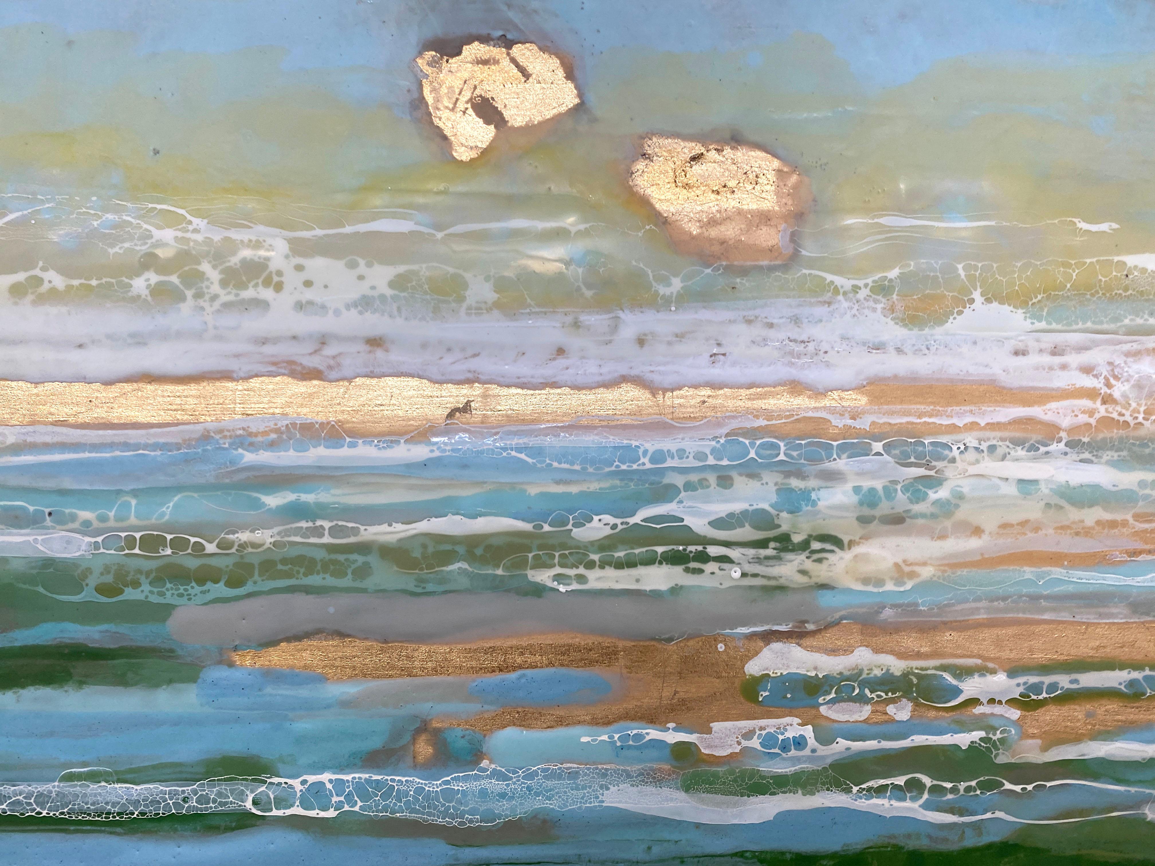 Bright Water, blue and green encaustic on gold leaf in white frame 3