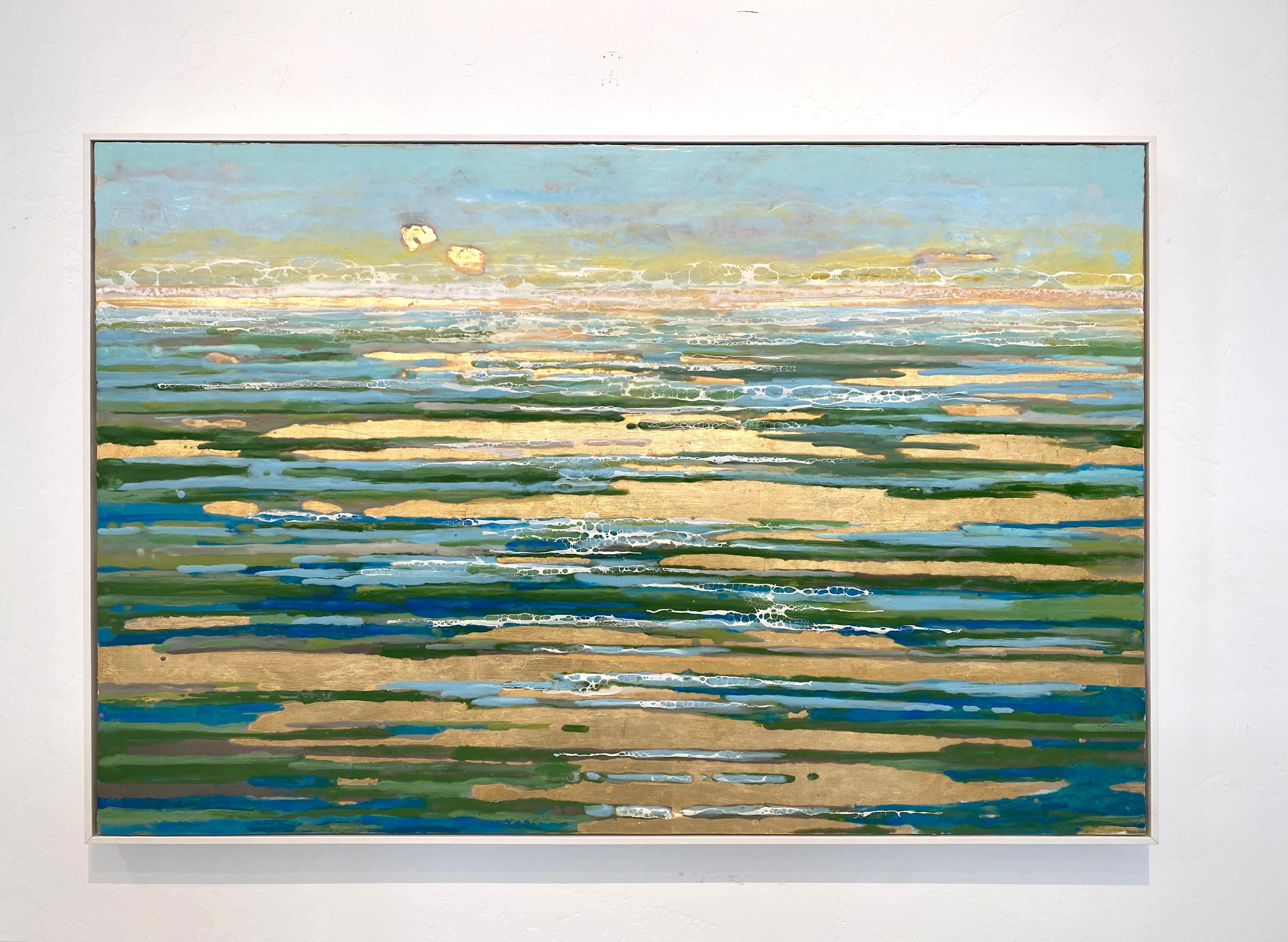 Tania Dibbs Landscape Painting - Bright Water, blue and green encaustic on gold leaf in white frame