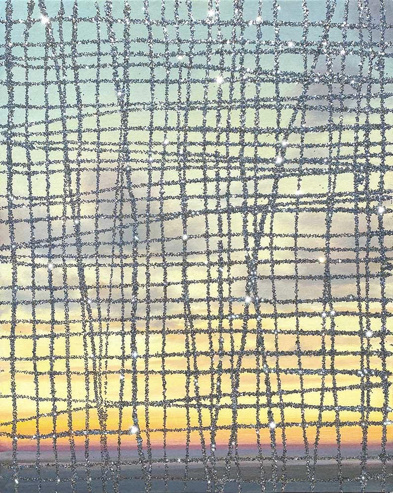 "Constelación", pintura al óleo, purpurina, contemporáneo,  paisaje abstracto, 2022