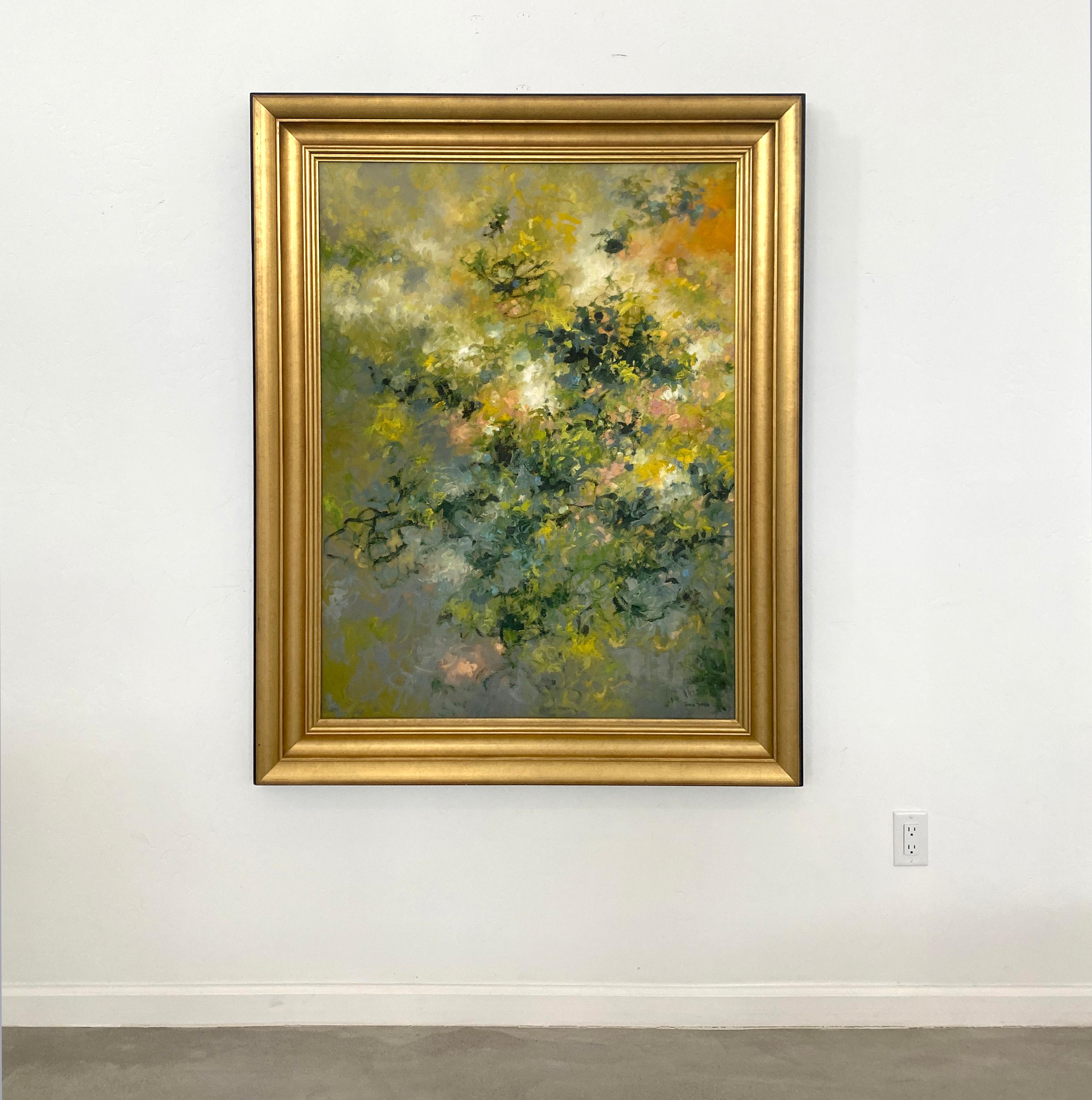 Fourzah, contemporary floral landscape oil painting in custom gold frame - Painting by Tania Dibbs