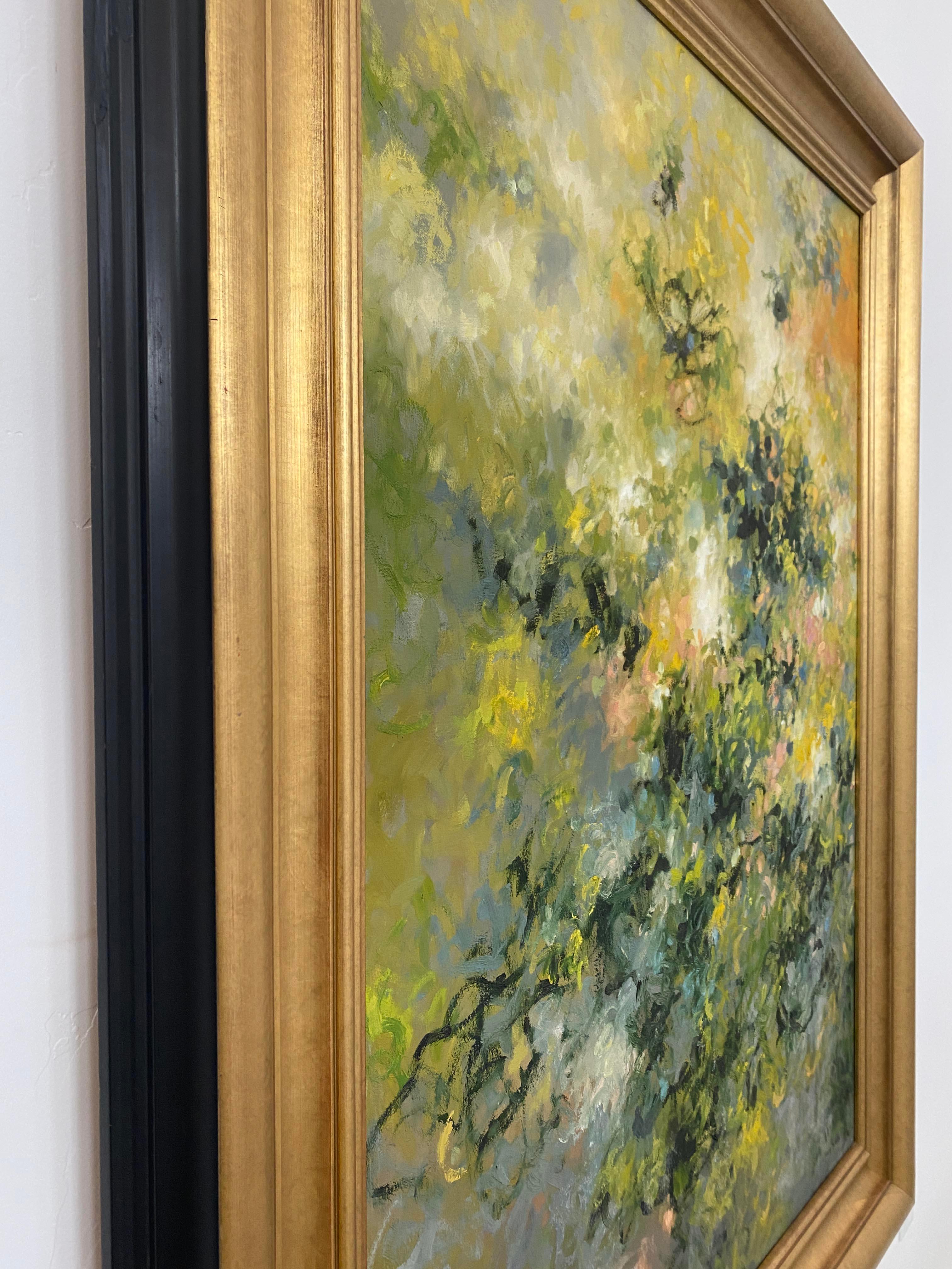 Zeitgenössisches Blumen-Landschafts-Ölgemälde in maßgefertigtem Goldrahmen von Fourzah (Impressionismus), Painting, von Tania Dibbs