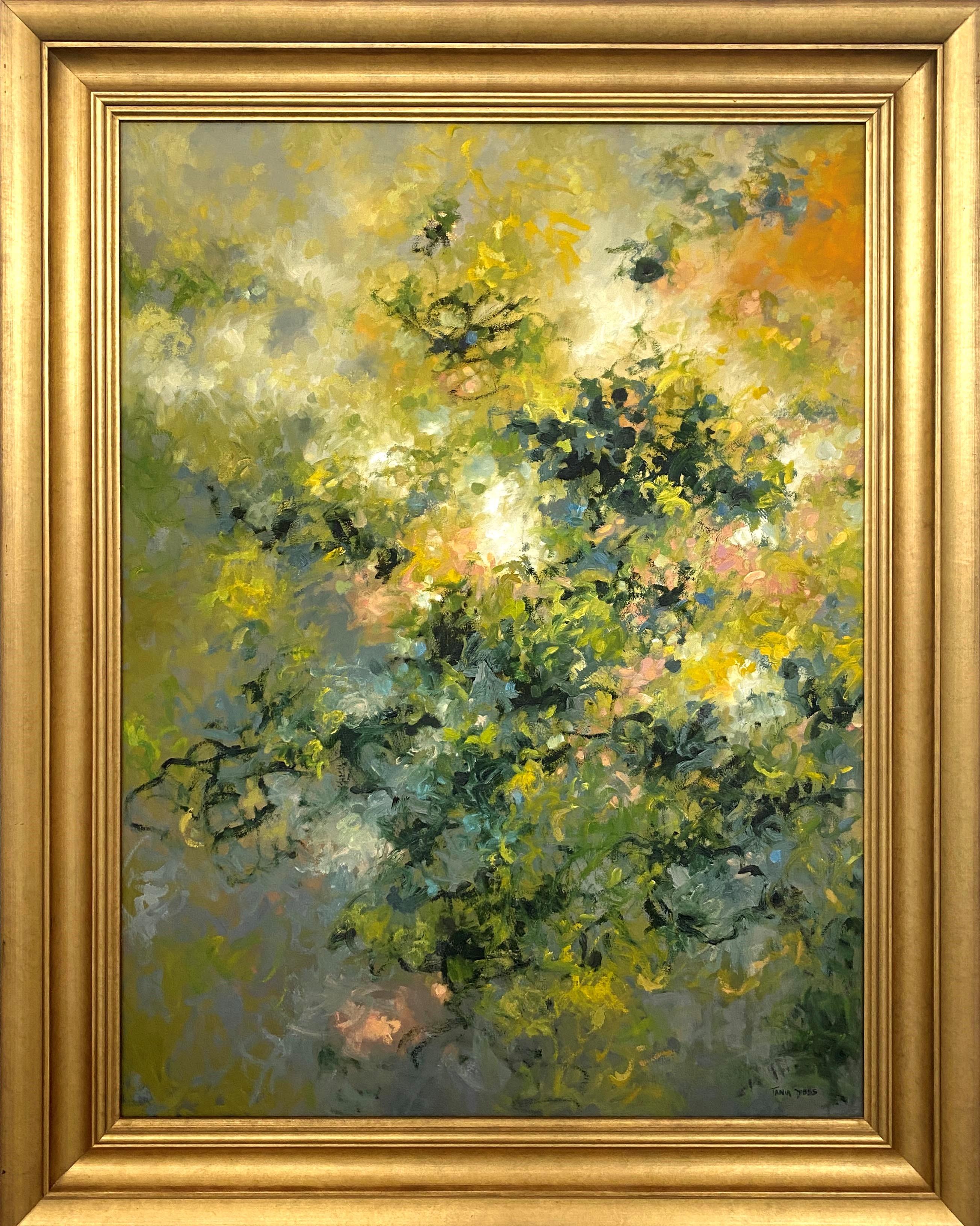 Tania Dibbs Landscape Painting - Fourzah, contemporary floral landscape oil painting in custom gold frame
