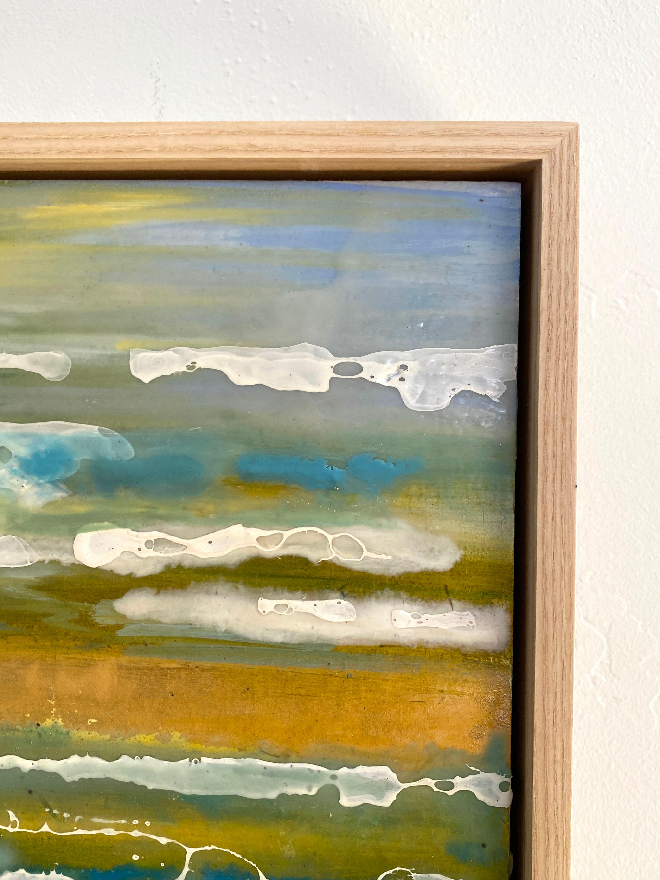 Gold Reflection, blue encaustic on gold leaf in wood frame - Painting by Tania Dibbs
