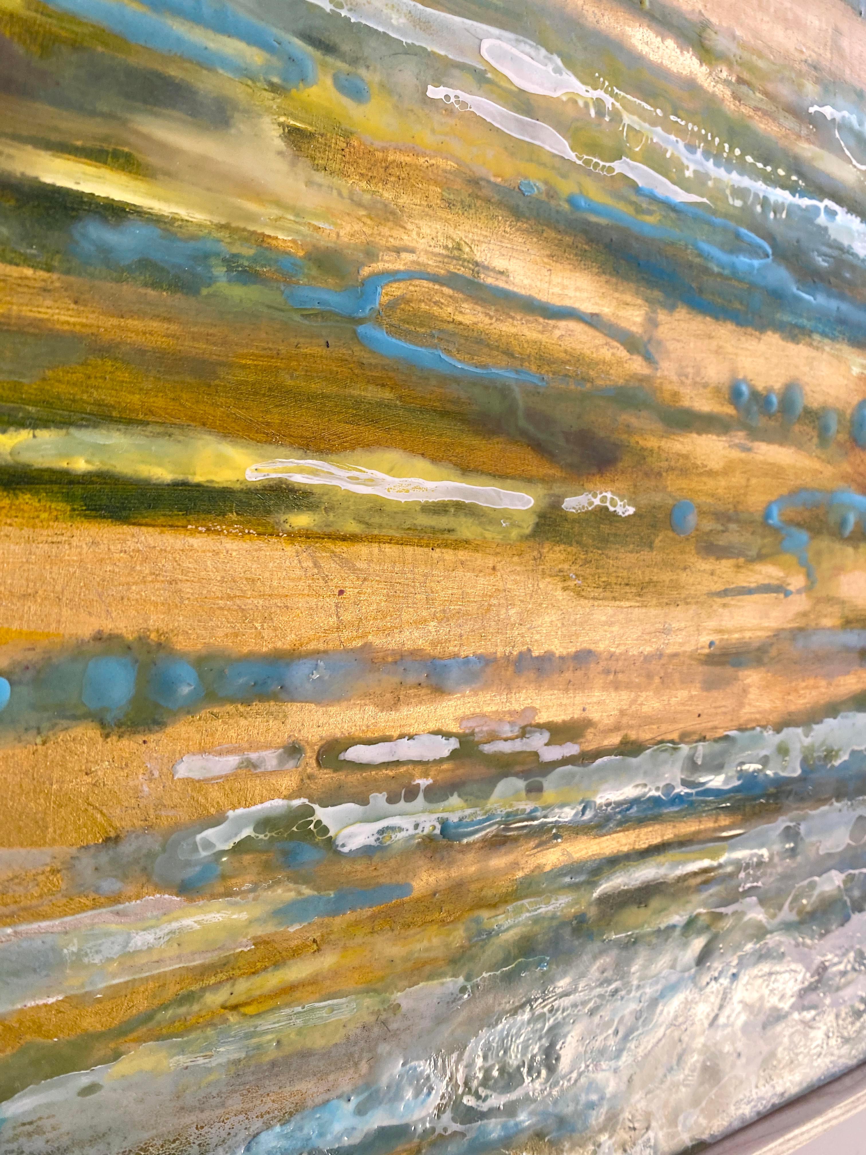 Gold Reflection, blue encaustic on gold leaf in wood frame - Abstract Painting by Tania Dibbs