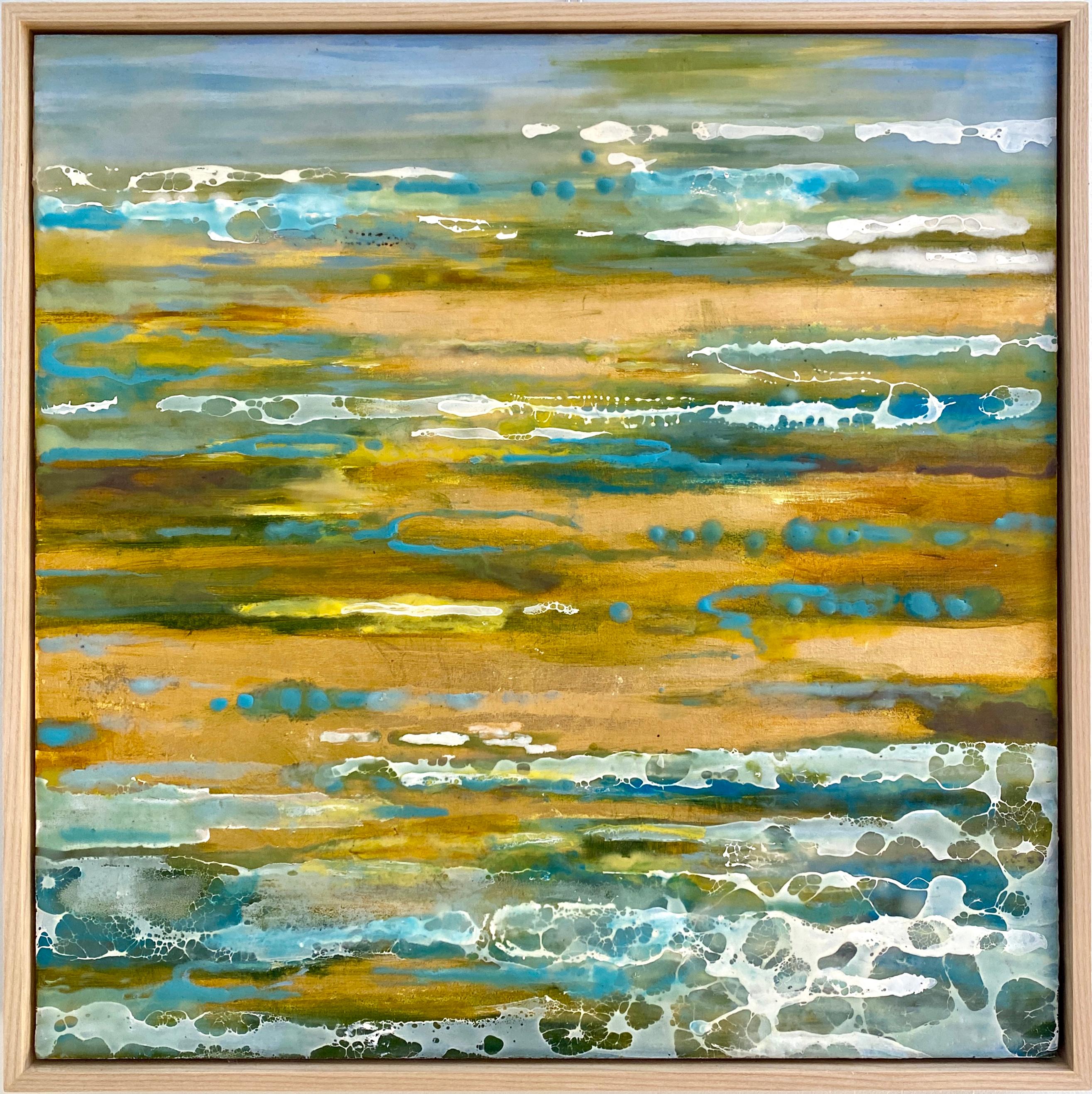 Tania Dibbs Landscape Painting - Gold Reflection, blue encaustic on gold leaf in wood frame