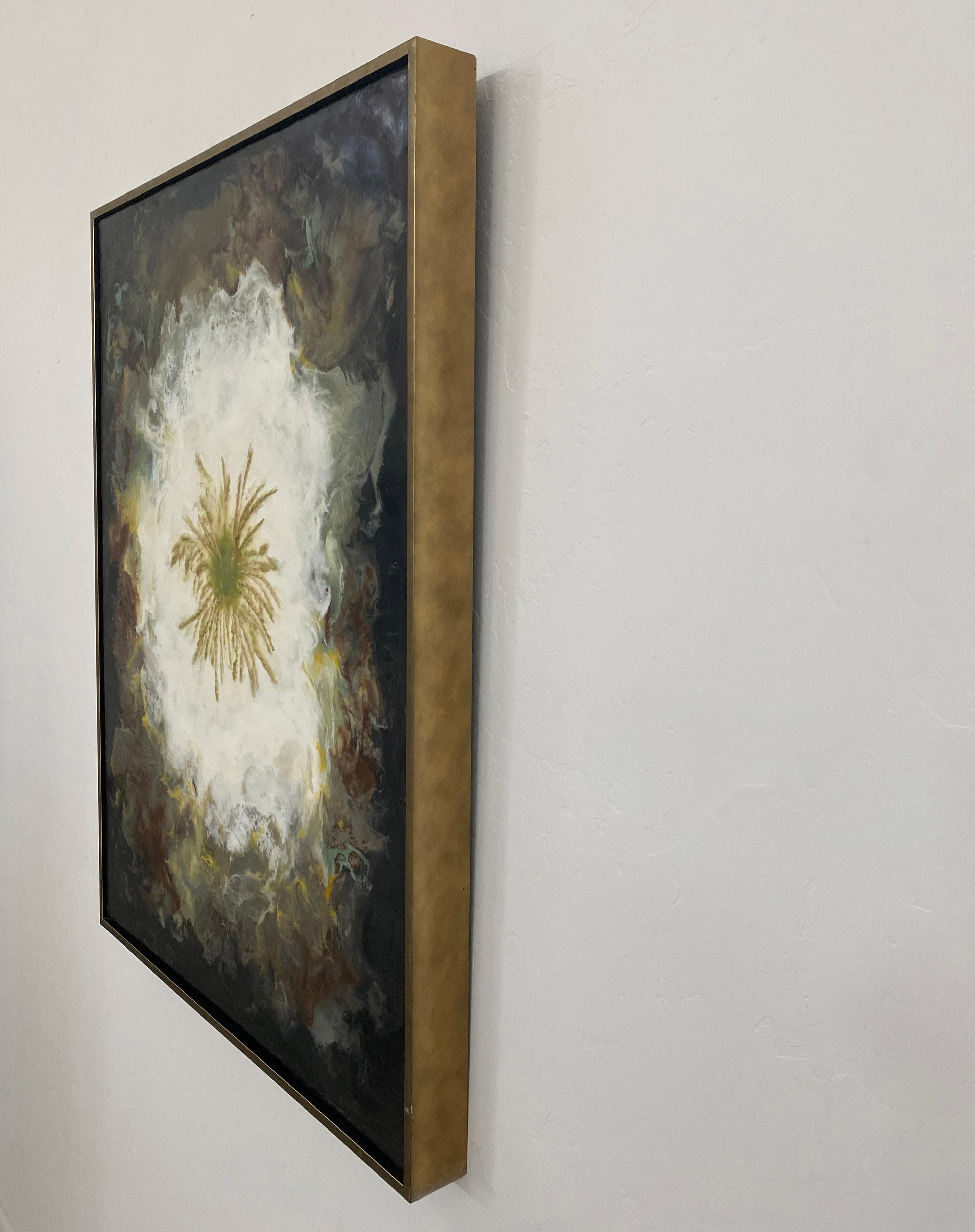 Encaustic is a beeswax-based paint that is applied to a surface while molten and then fused with heat, resulting in a layered, textural effect. The texture of the wax creates interesting patterns and organic shapes within the painting, giving it