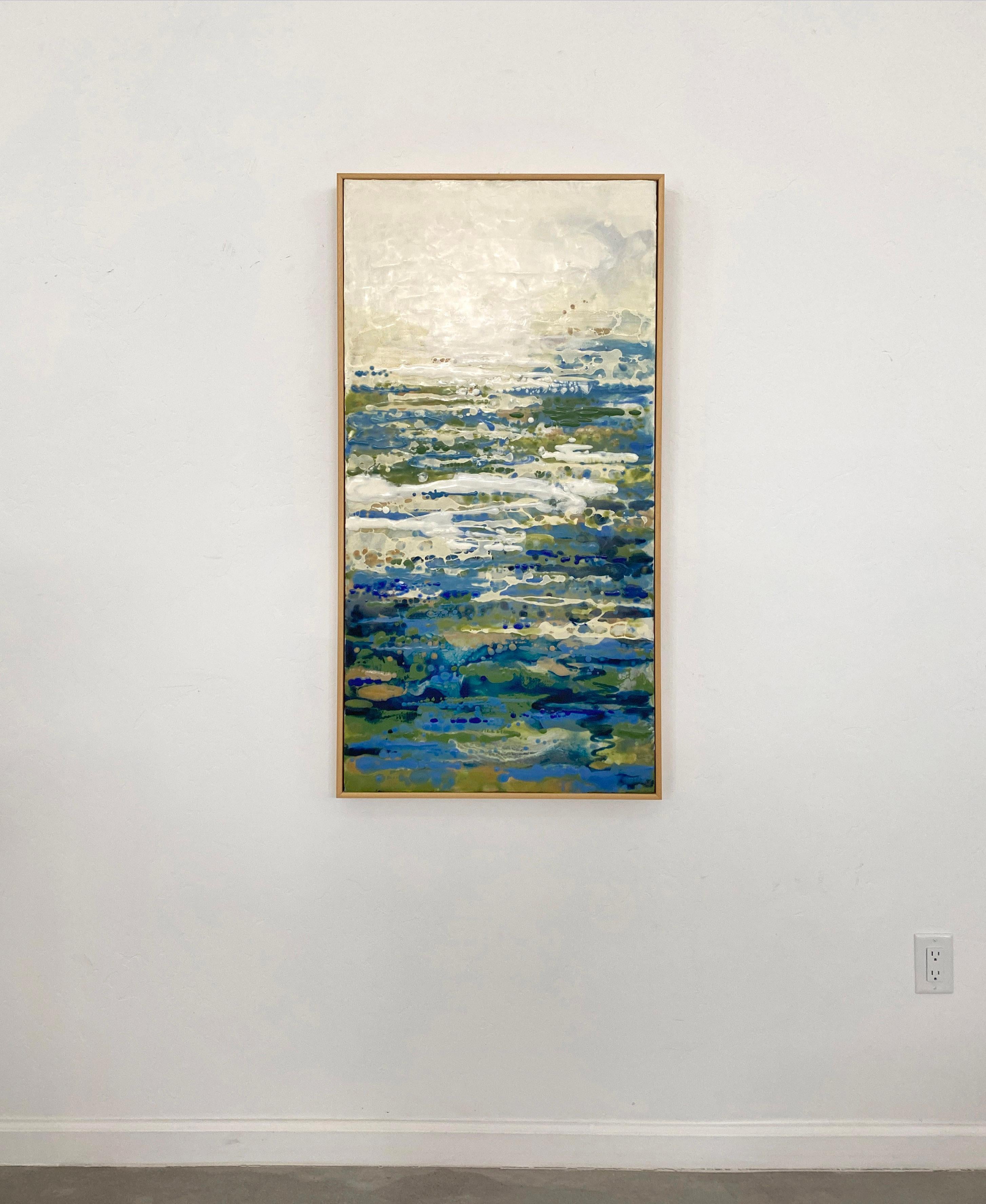 Scintillo, encaustic blue and green abstract painting in wood frame - Painting by Tania Dibbs