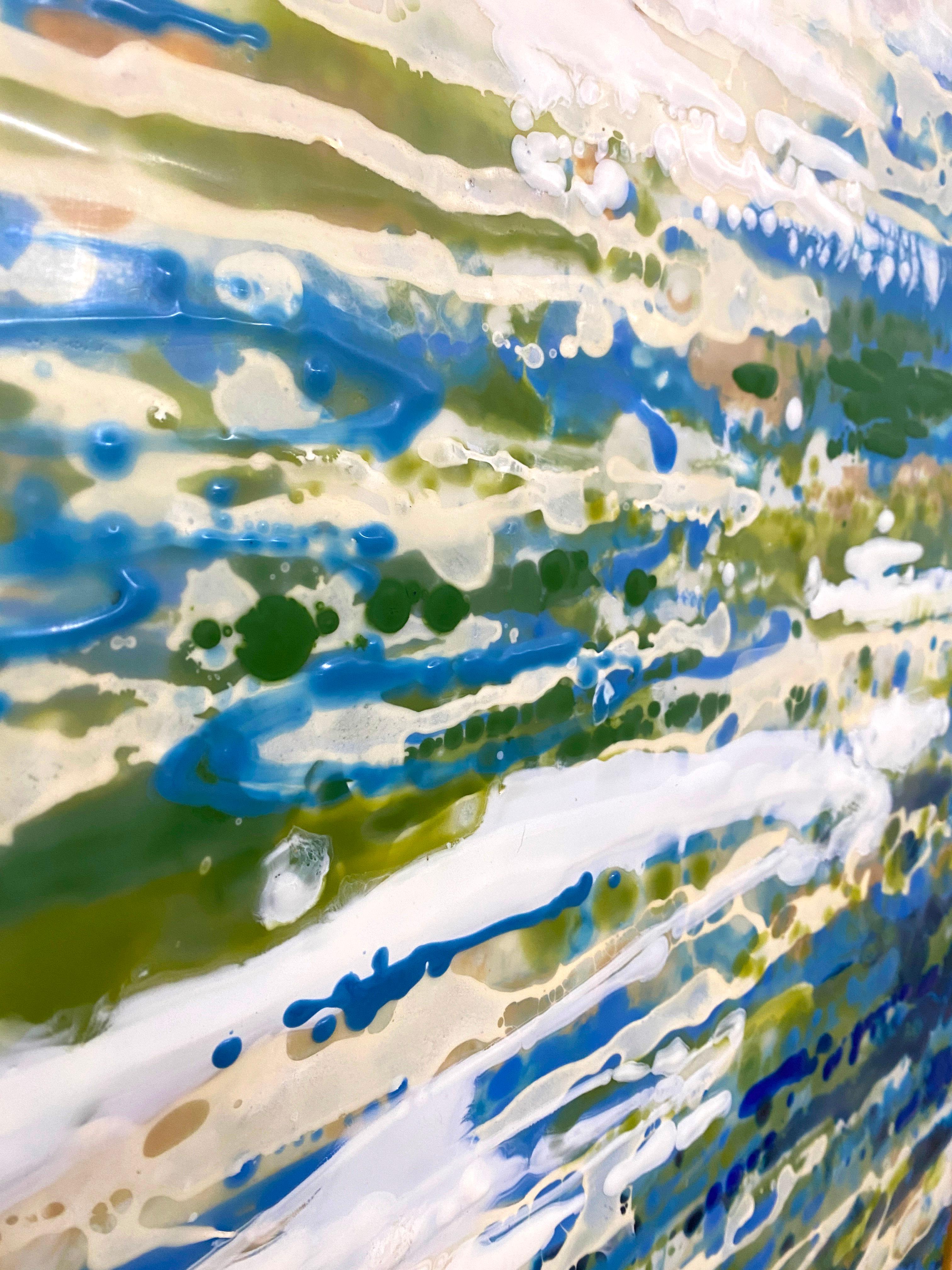 Scintillo, abstraktes blaues und grünes Enkaustik-Gemälde in Holzrahmen im Angebot 1