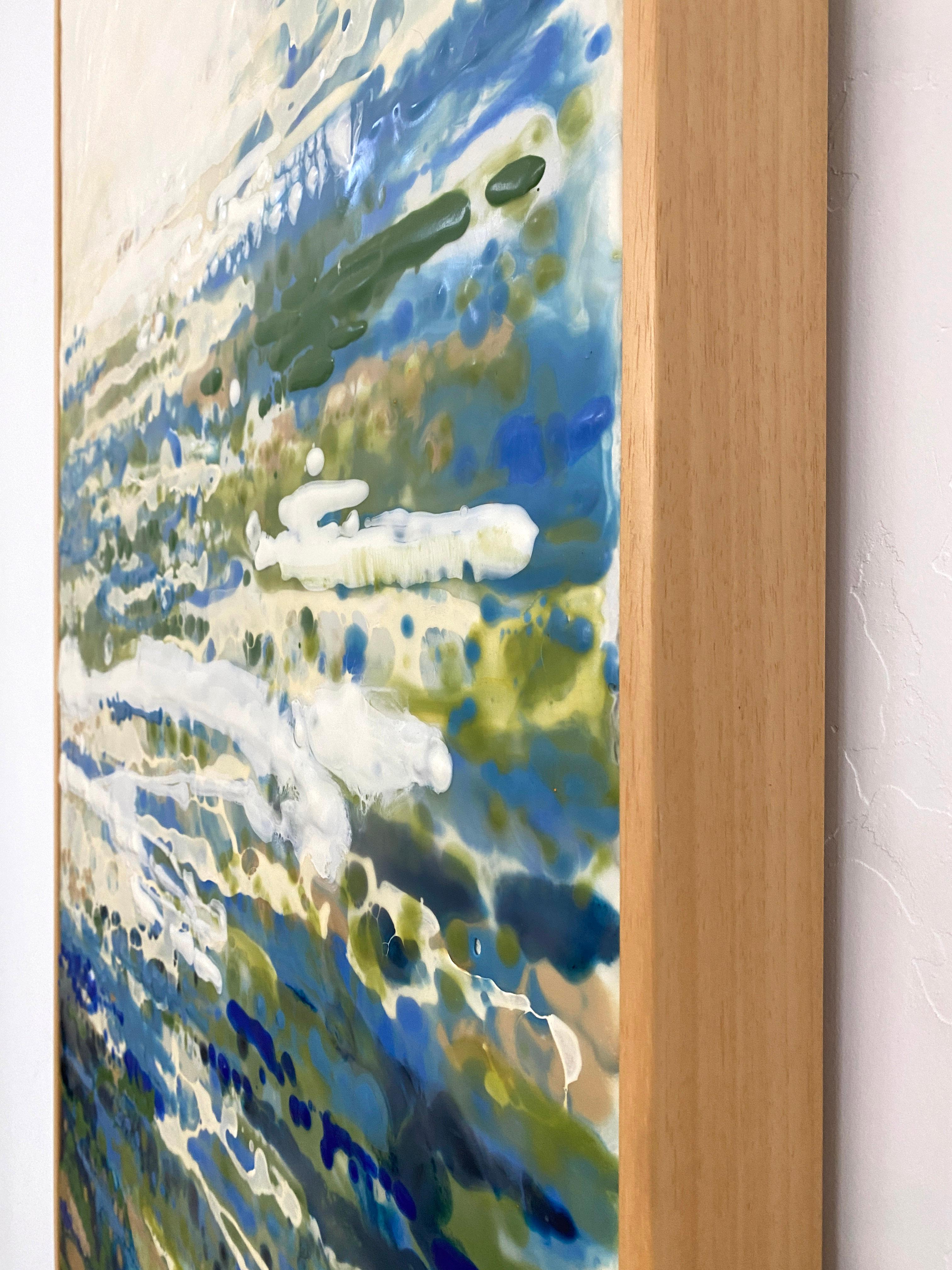 Scintillo, encaustic blue and green abstract painting in wood frame - Beige Landscape Painting by Tania Dibbs