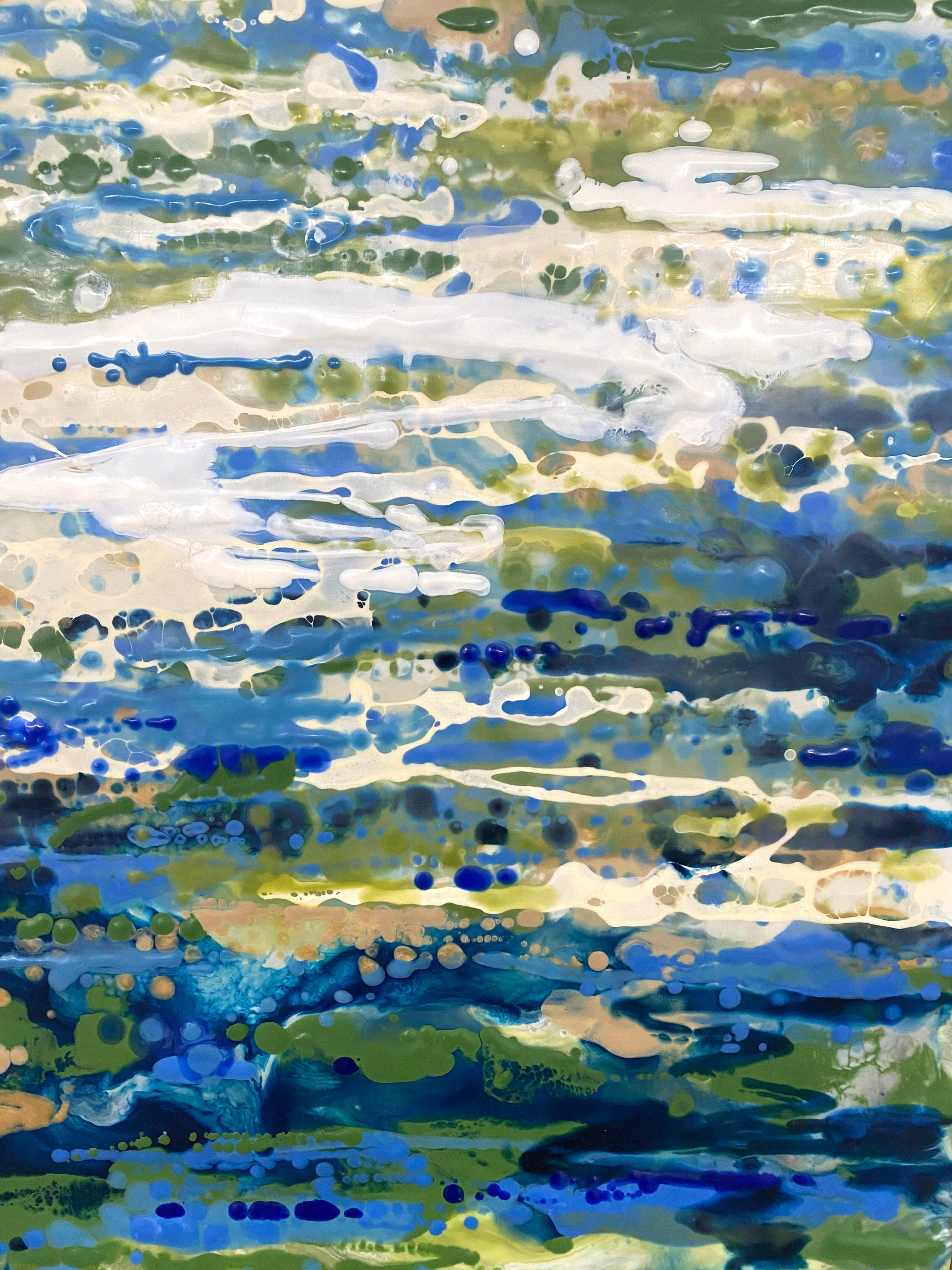 Scintillo, abstraktes blaues und grünes Enkaustik-Gemälde in Holzrahmen im Angebot 2