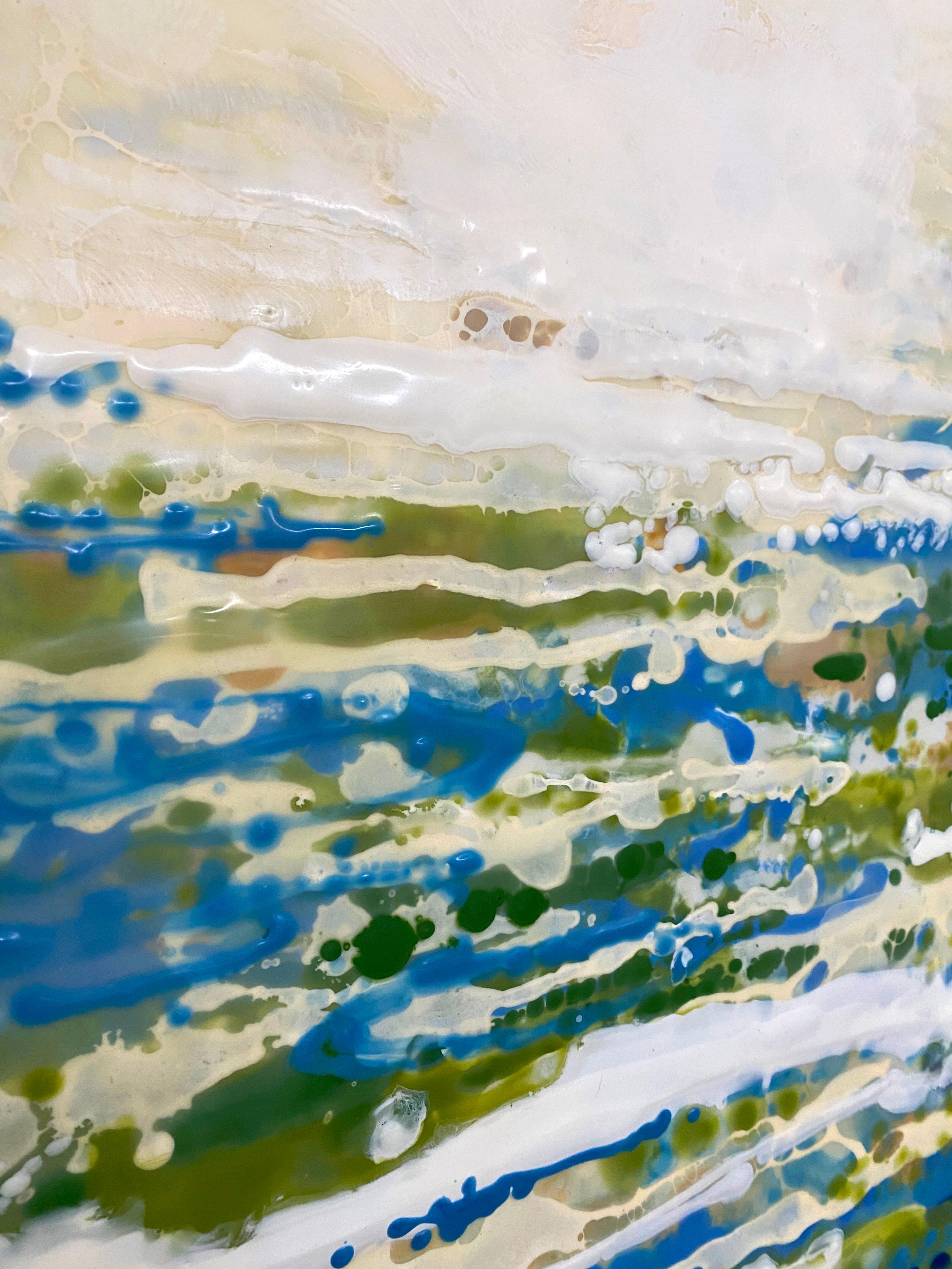 Scintillo, abstraktes blaues und grünes Enkaustik-Gemälde in Holzrahmen im Angebot 3