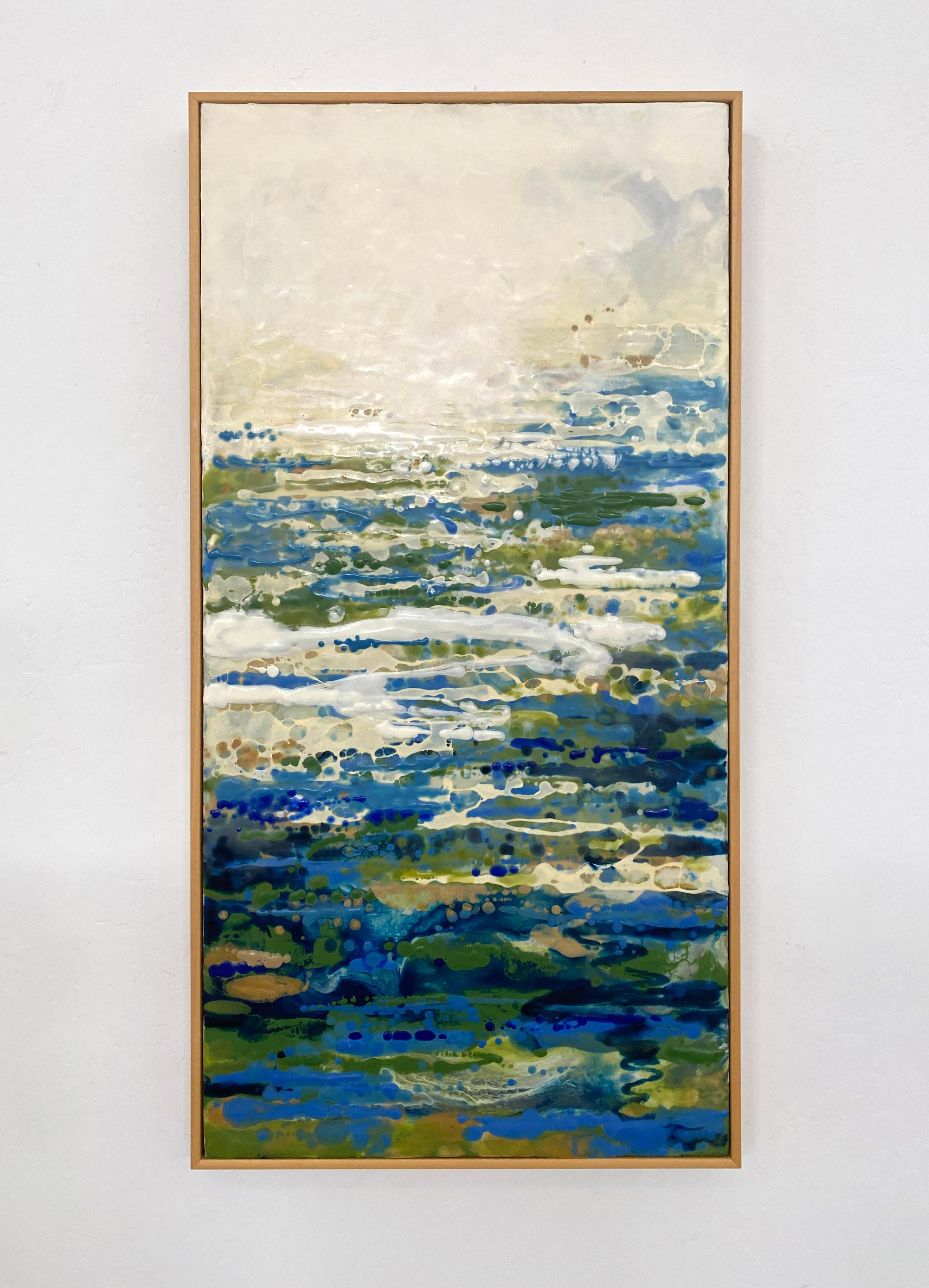 Tania Dibbs Landscape Painting - Scintillo, encaustic blue and green abstract painting in wood frame