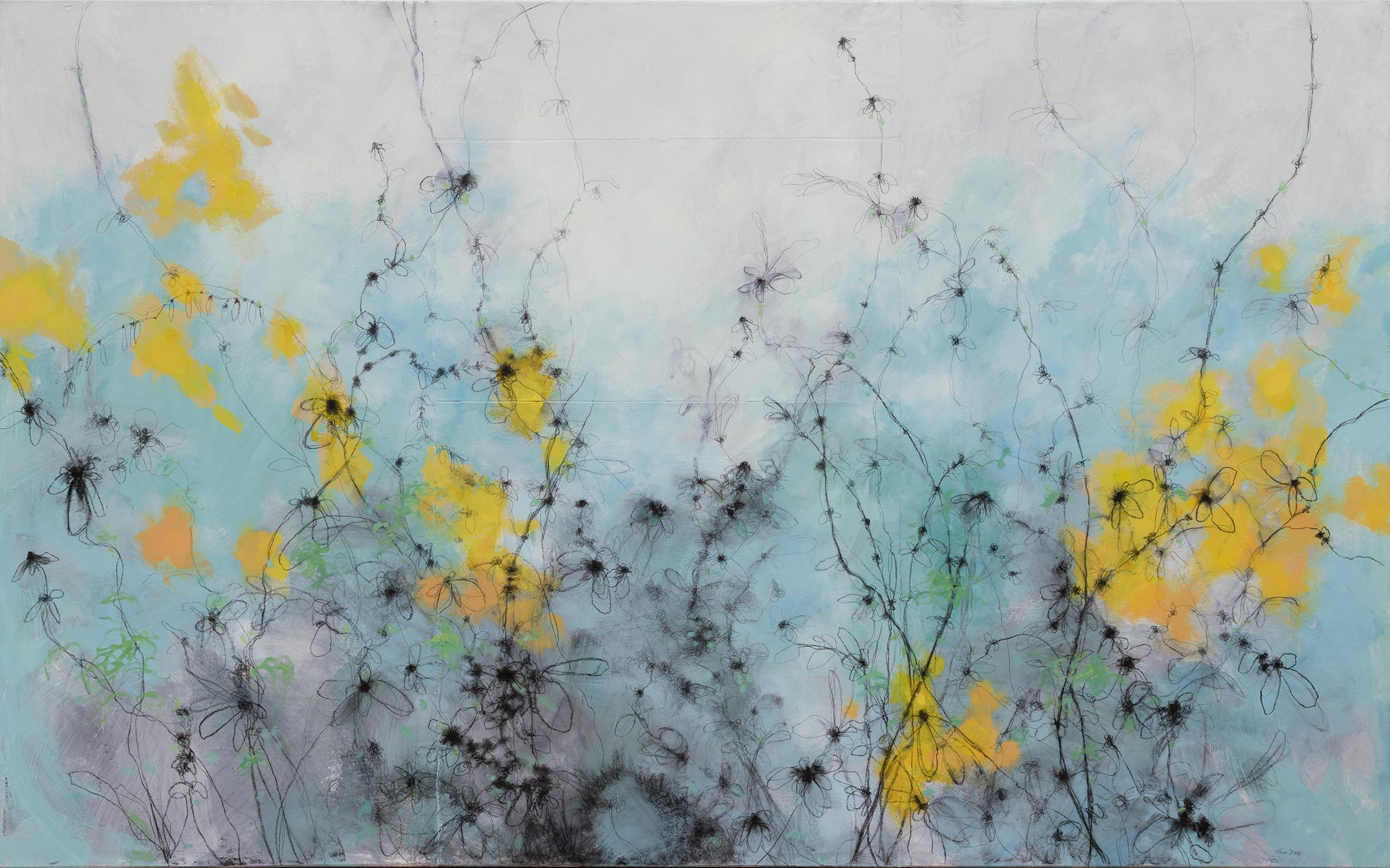 "Flores silvestres", gran cuadro abstracto moderno de paisaje floral, técnica mixta