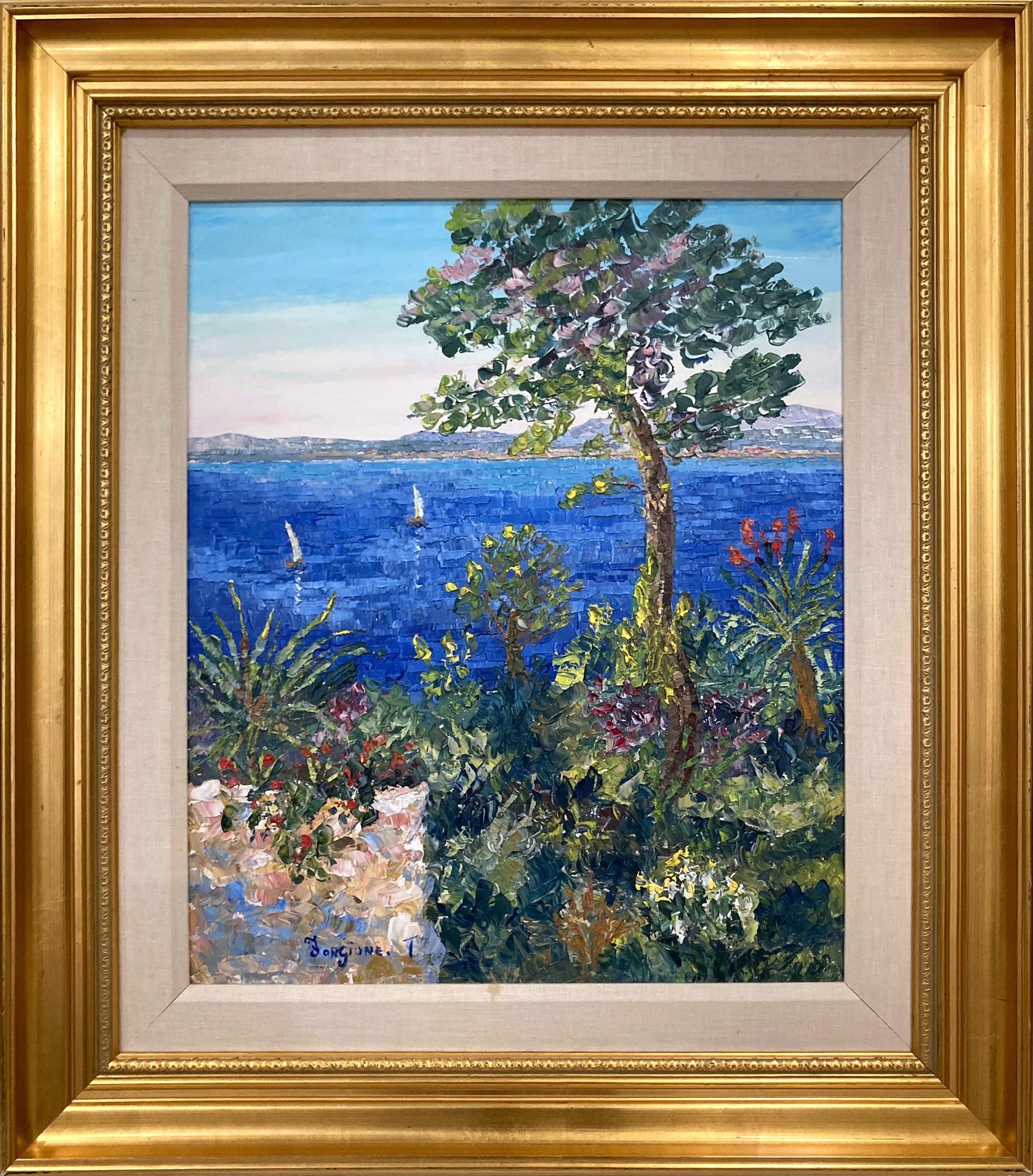 Peinture impressionniste à l'huile sur toile encadrée "Mediterranean Coastal Vista".