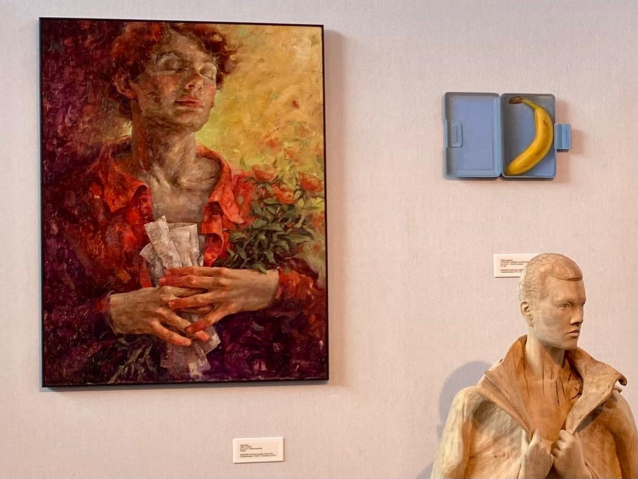 Body Chess- 21st Century Contemporary Portrait Painting of a Boy with roses - Brown Figurative Painting by Tania Rivilis