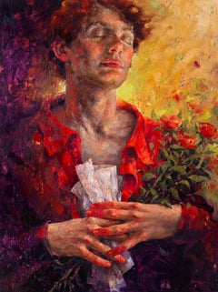 Body Chess- 21st Century Contemporary Portrait Painting of a Boy with roses