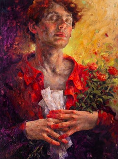 Chess corps - Peinture de portrait contemporaine du 21e siècle représentant un garçon avec des roses