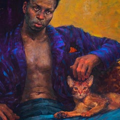 Cat cuddle- 21st Century Contemporary Portrait Painting of a Boy with a cat