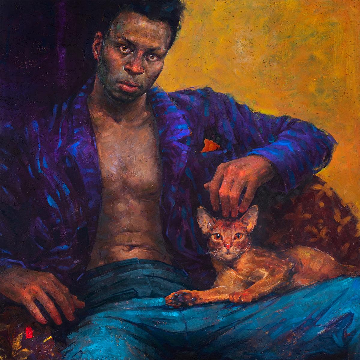 Tania Rivilis Figurative Painting - Cat cuddle- 21st Century Contemporary Portrait Painting of a Boy with a cat