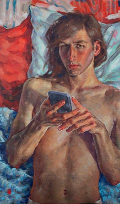 Hidden Boudoir- 21st Century Contemporary Portrait of a boy with an iPhone 