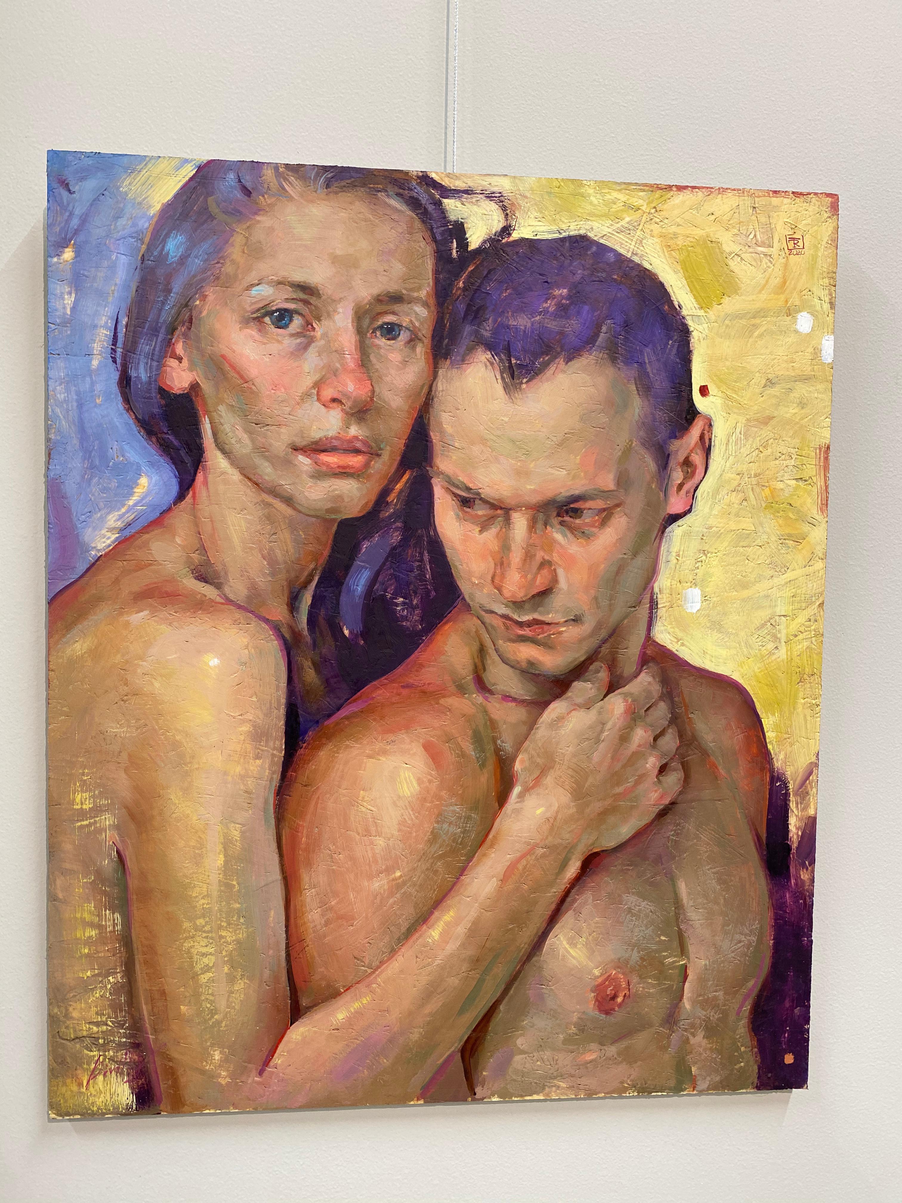 How shall I hold on to my soul- 21st Century Contemporary Painting of a couple - Brown Portrait Painting by Tania Rivilis