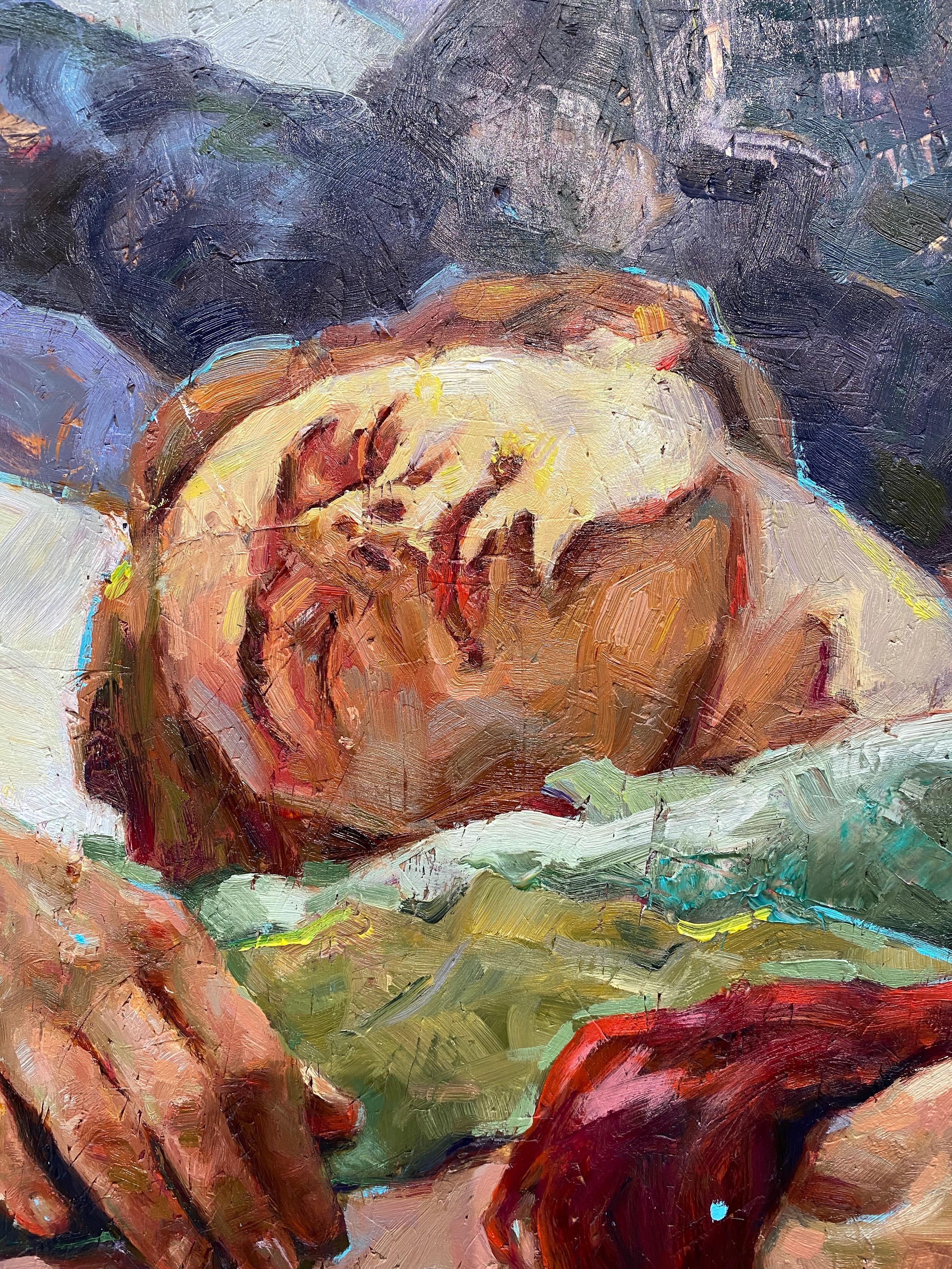 Moonage daydream-21ème siècle Peinture contemporaine d'amis endormis ensemble - Painting de Tania Rivilis