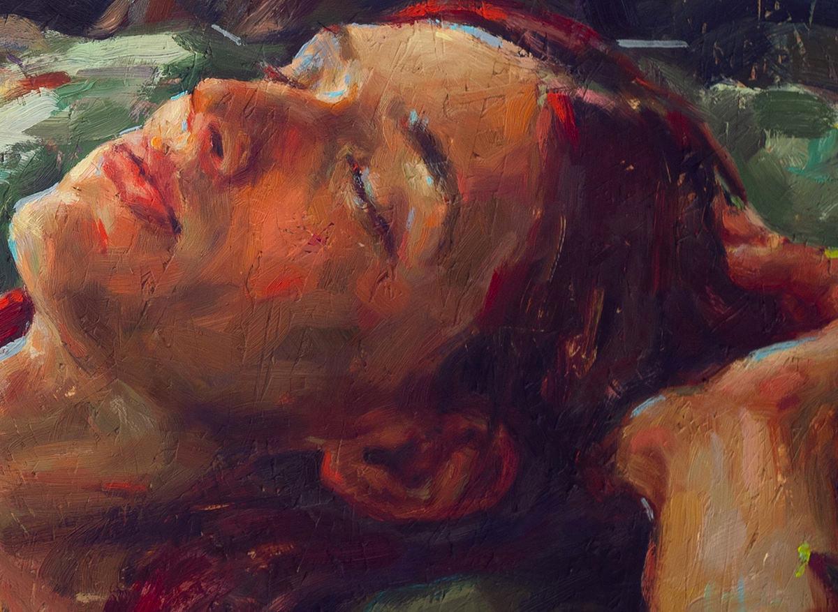 Sueño despierto en la luna-Siglo XXI Pintura contemporánea de amigos juntos durmiendo - Painting Contemporáneo de Tania Rivilis