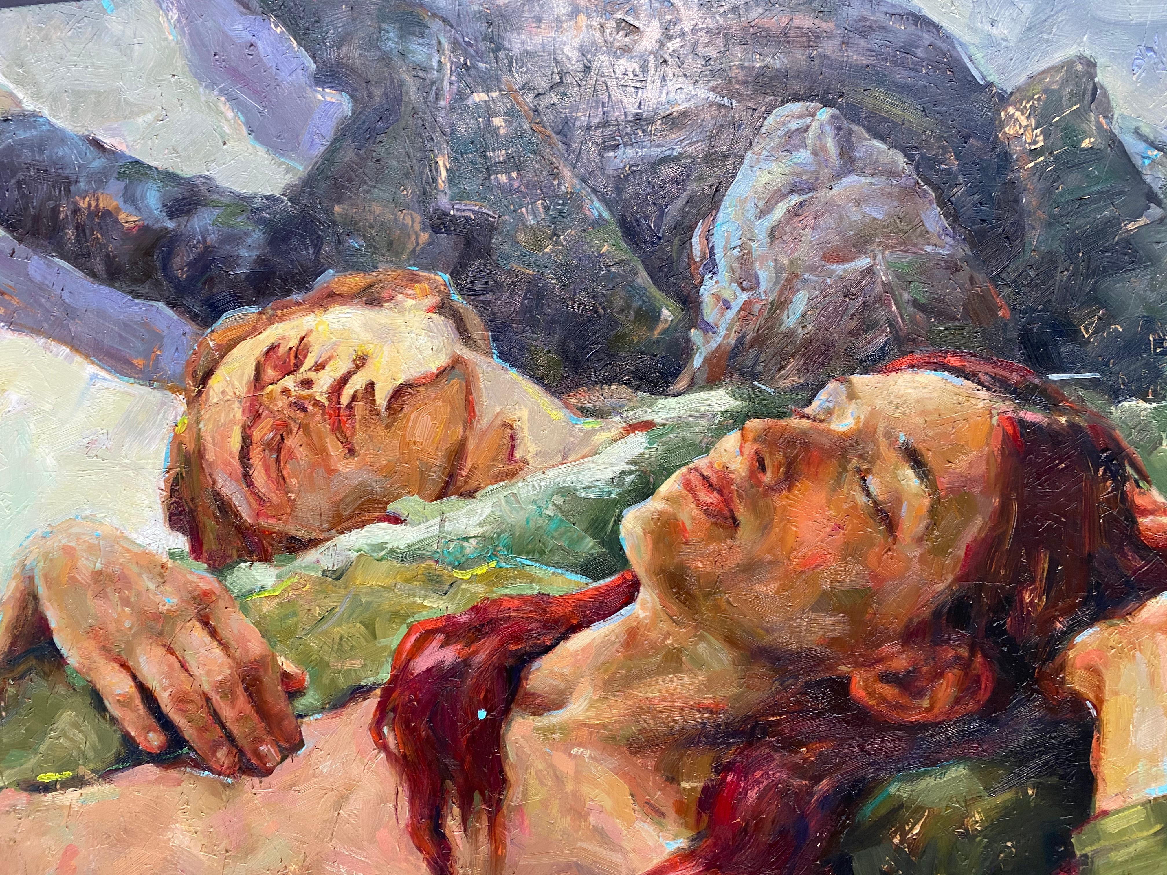 Sueño despierto en la luna-Siglo XXI Pintura contemporánea de amigos juntos durmiendo en venta 1