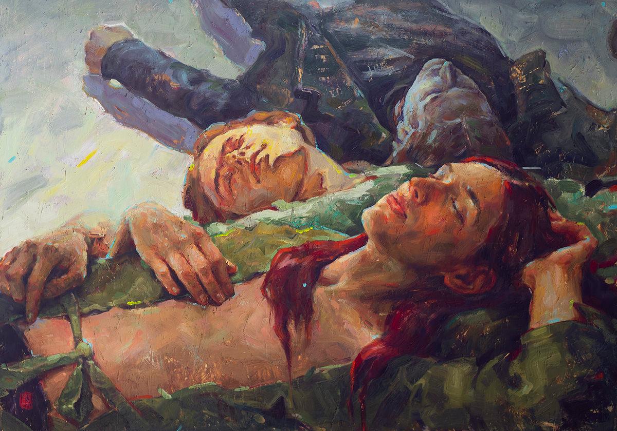 Moonage daydream-21st Century Contemporary painting of together sleeping friends