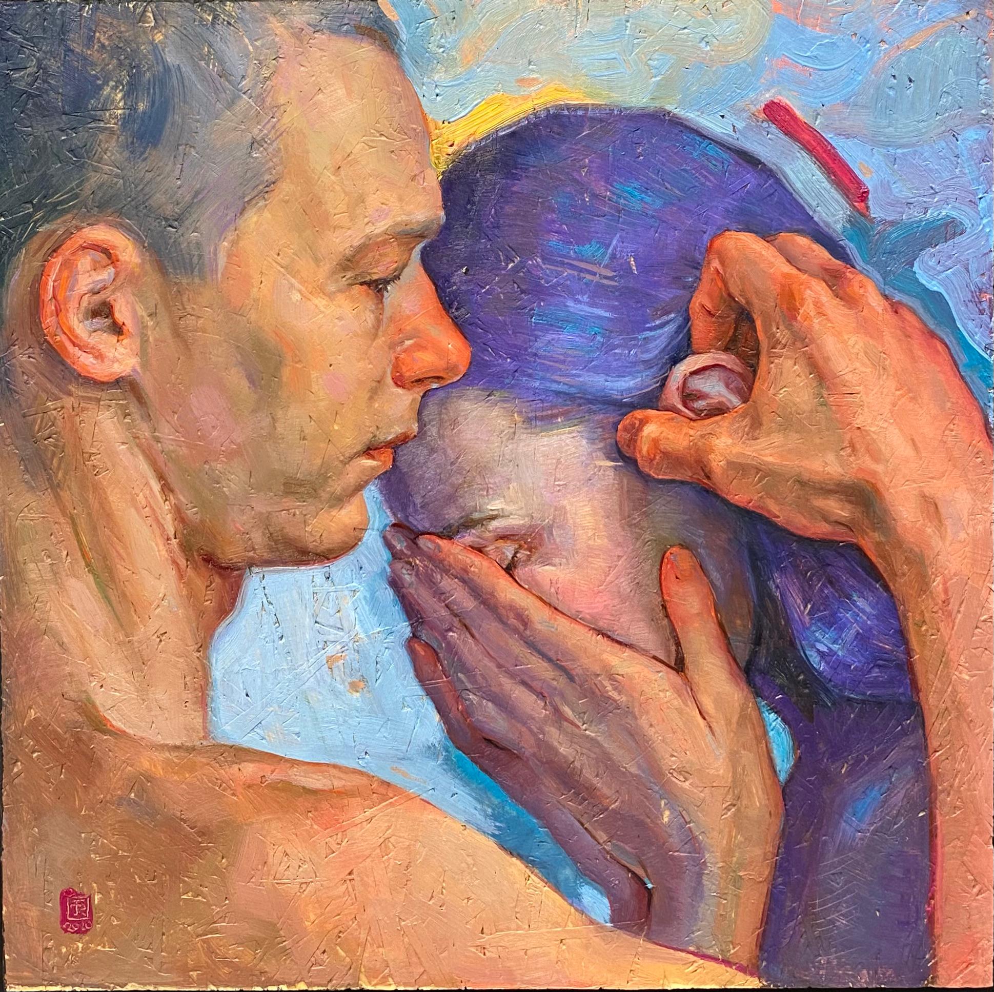 Porträt der Liebe – zeitgenössisches Gemälde eines Liebespaares mit vier Tafeln, 21. Jahrhundert (Braun), Figurative Painting, von Tania Rivilis