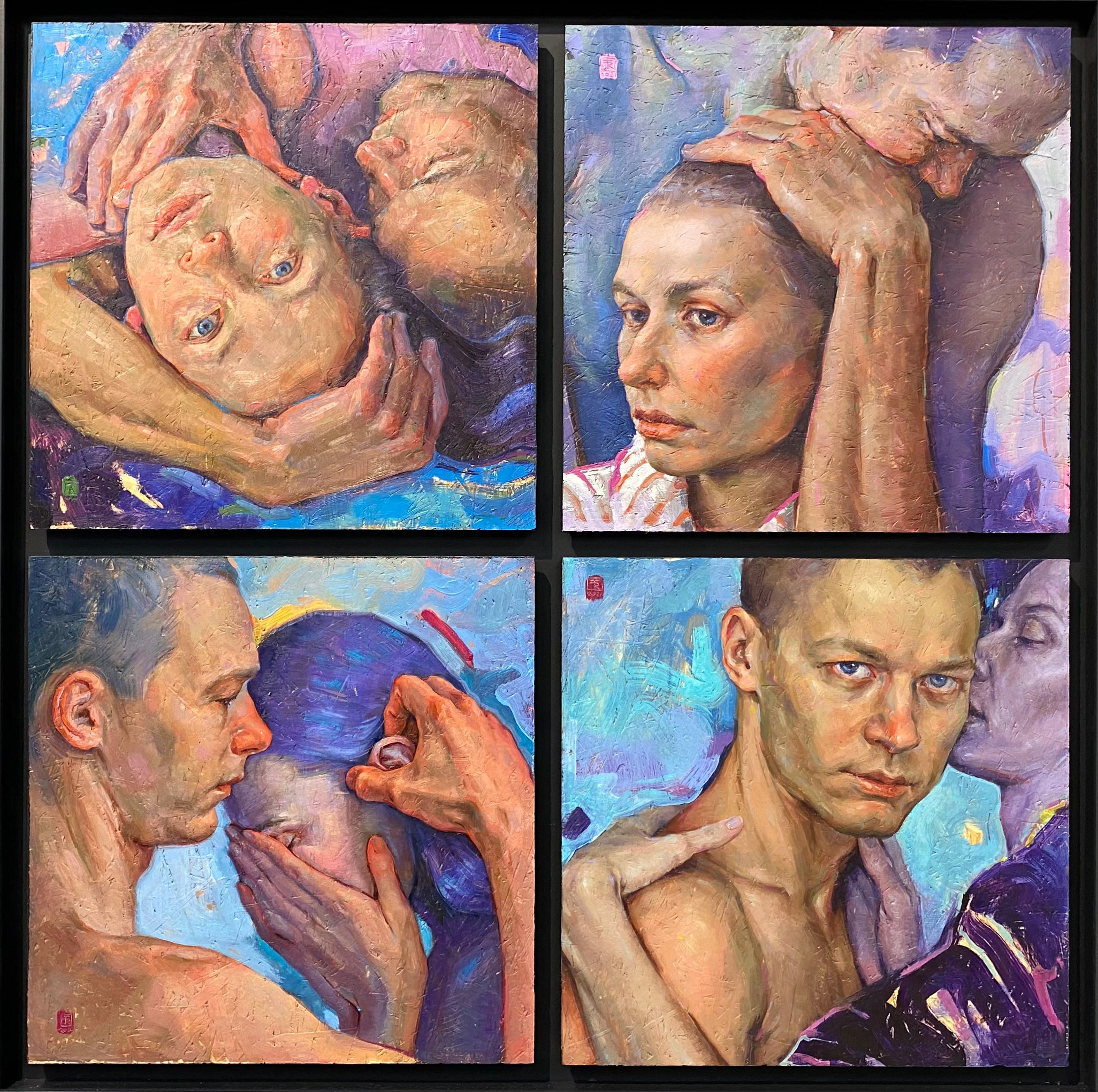 Tania Rivilis Portrait Painting - Portrait of Love- 21st Century Contemporary Four Panel Painting of a love couple