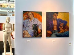 Still not solitary- 21st Century Contemporary Painting of a Boy with a dog