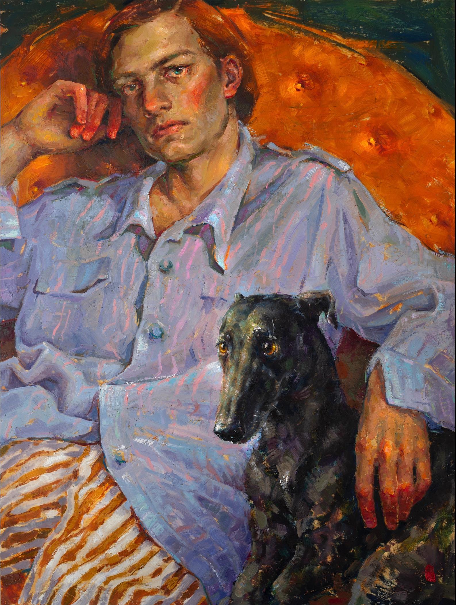 Tania Rivilis Figurative Painting - Still not solitary- 21st Century Contemporary Painting of a Boy with a dog