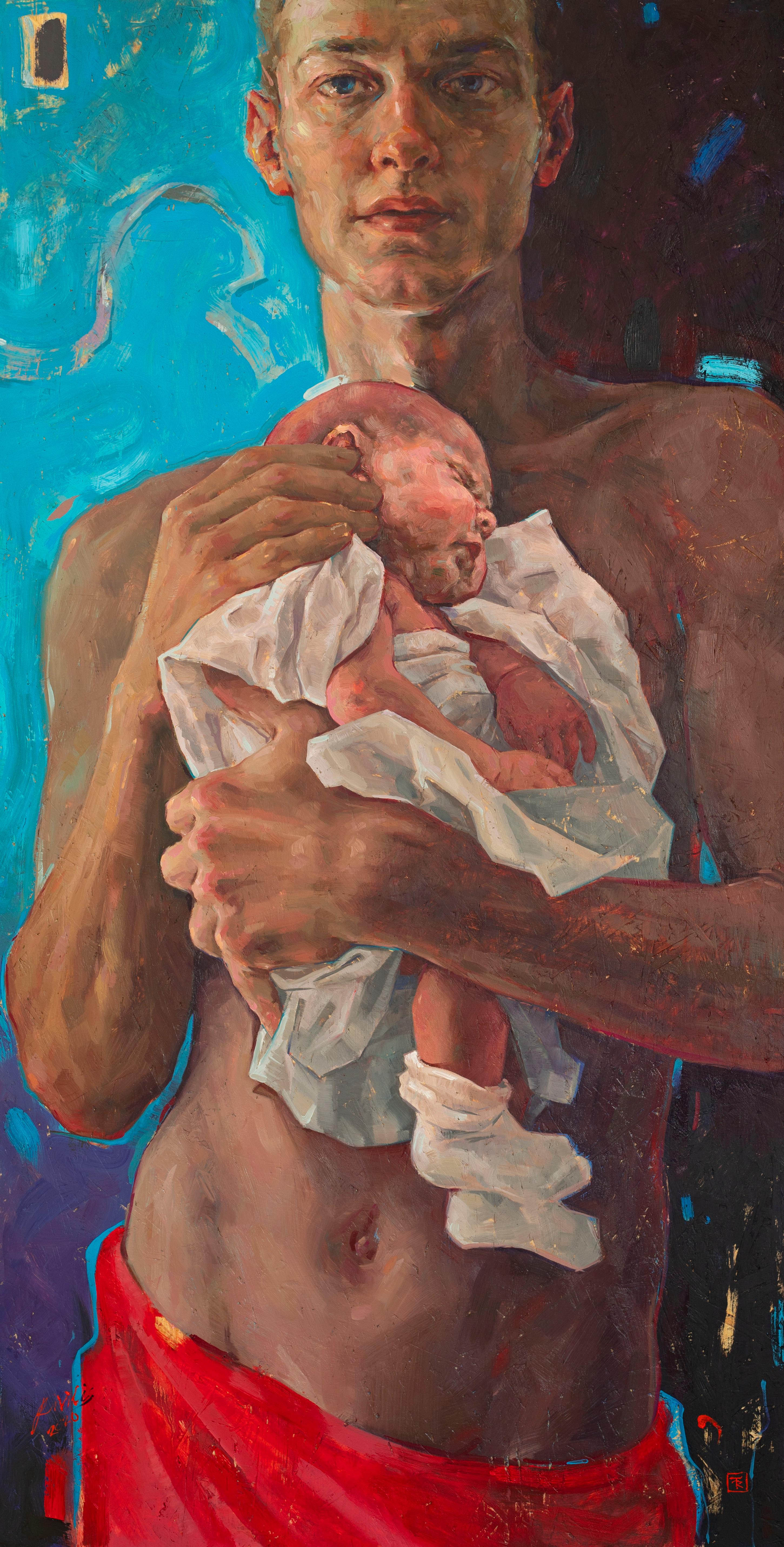 Tania Rivilis Figurative Painting - Reflection came 21st- century Contemporary Paintings of a young man and his baby
