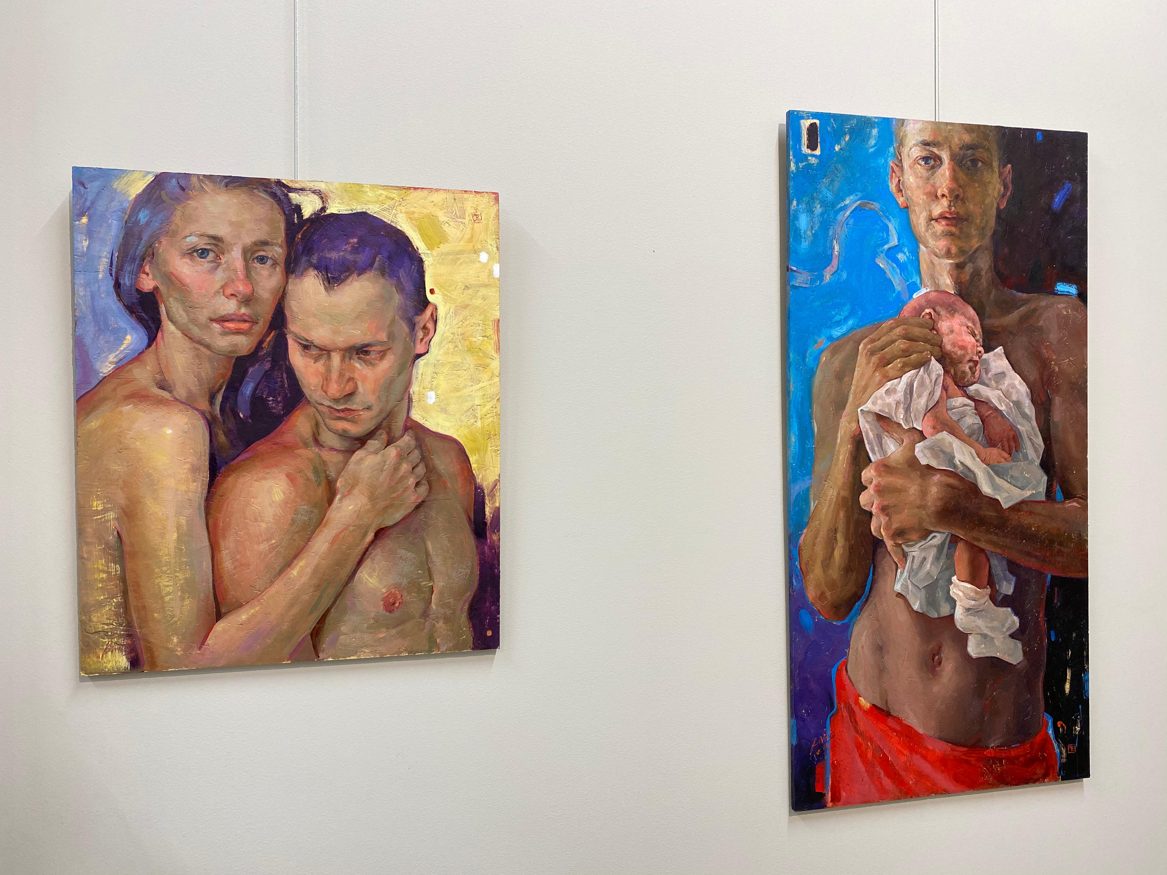 Reflection came 21st- century Contemporary Paintings of a young man and his baby - Brown Figurative Painting by Tania Rivilis