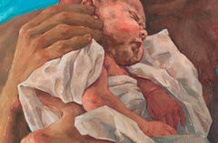 Reflexion kam Zeitgenössische Gemälde des 21. Jahrhunderts eines jungen Mannes und seines Babys