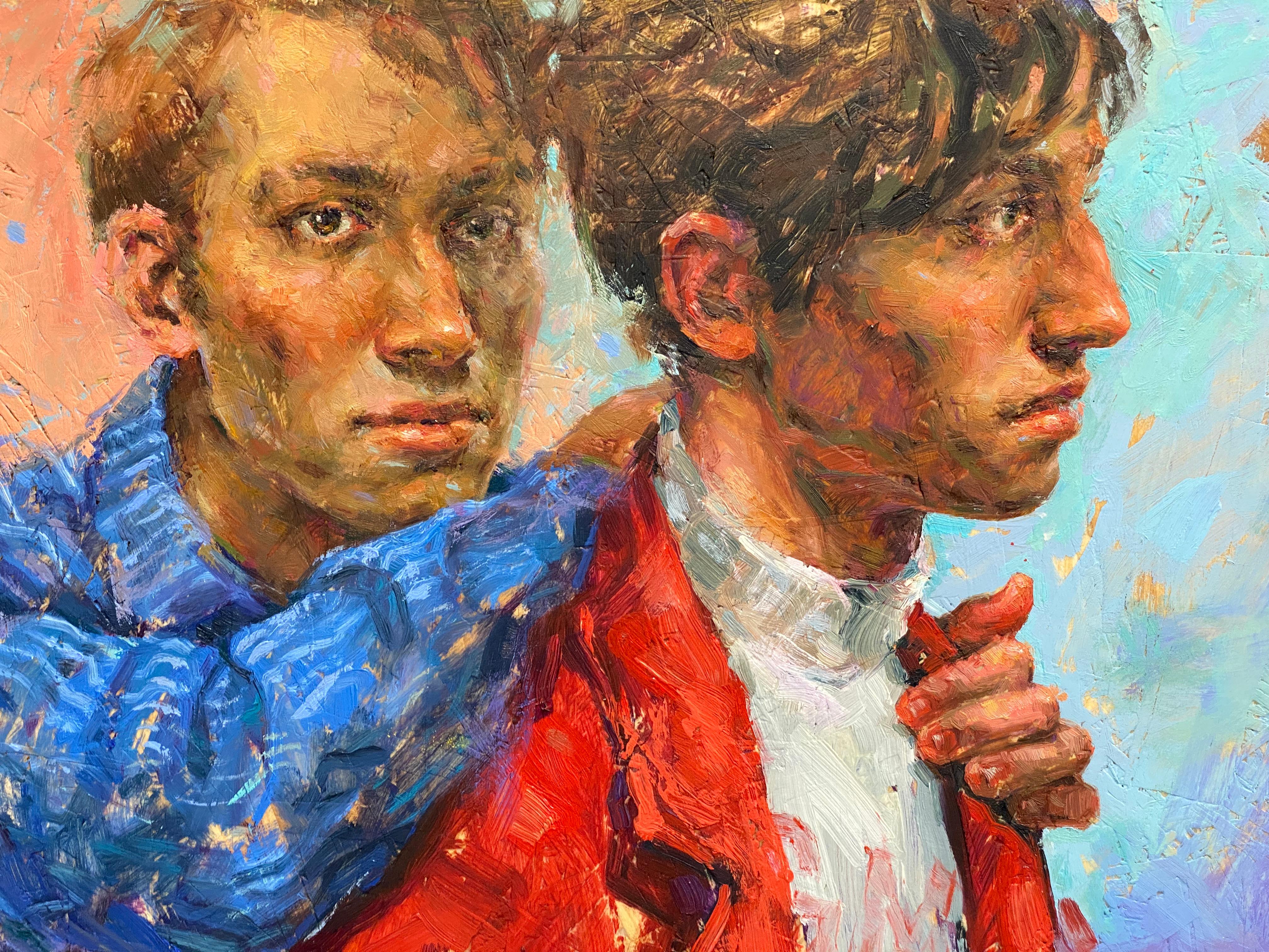 Peinture contemporaine sur mesure du 21e siècle d'un garçon et d'un couple  - Rouge Figurative Painting par Tania Rivilis