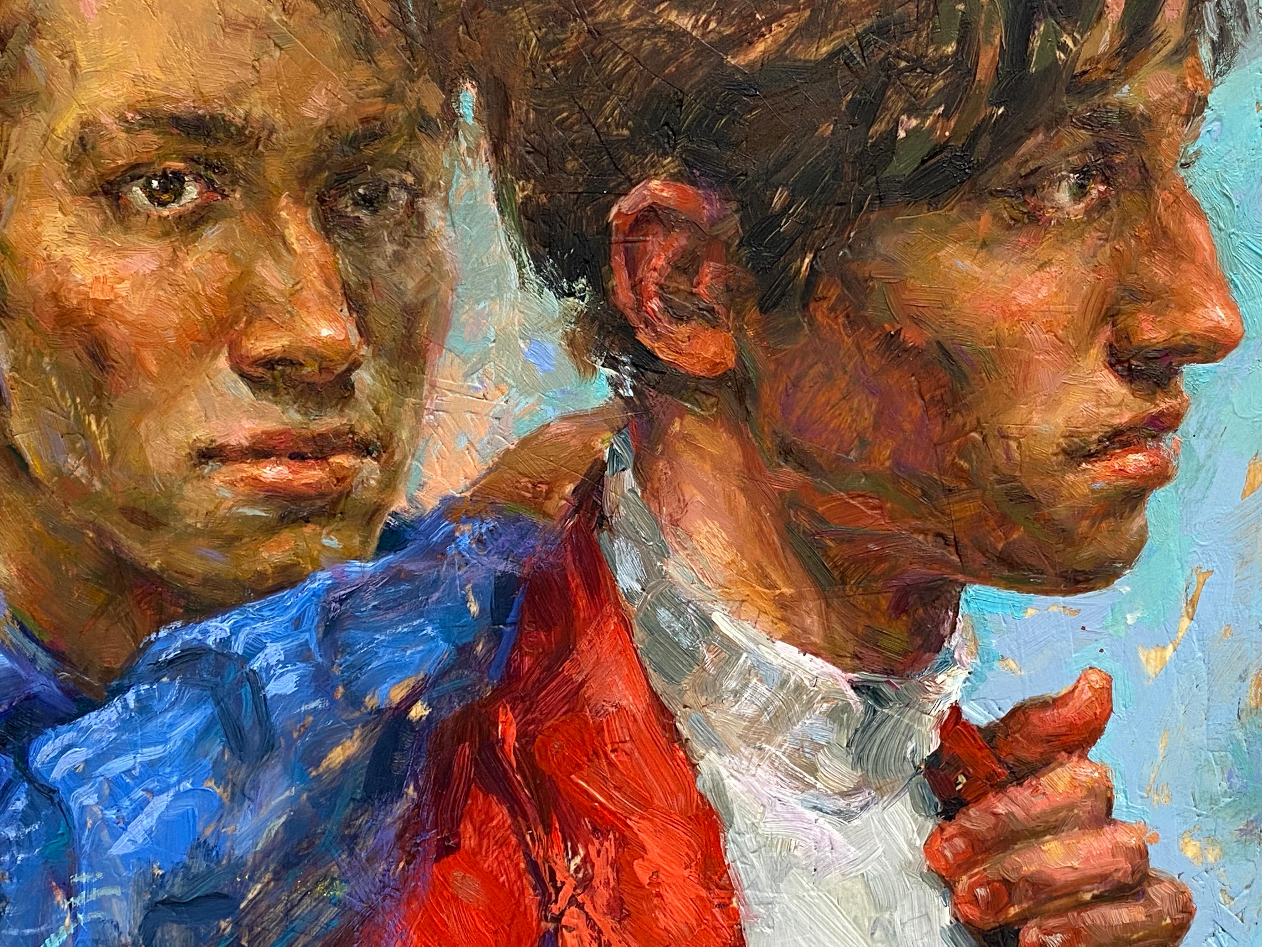 Unspoken- 21st Century Contemporary Painting of a boycouple  - Red Figurative Painting by Tania Rivilis