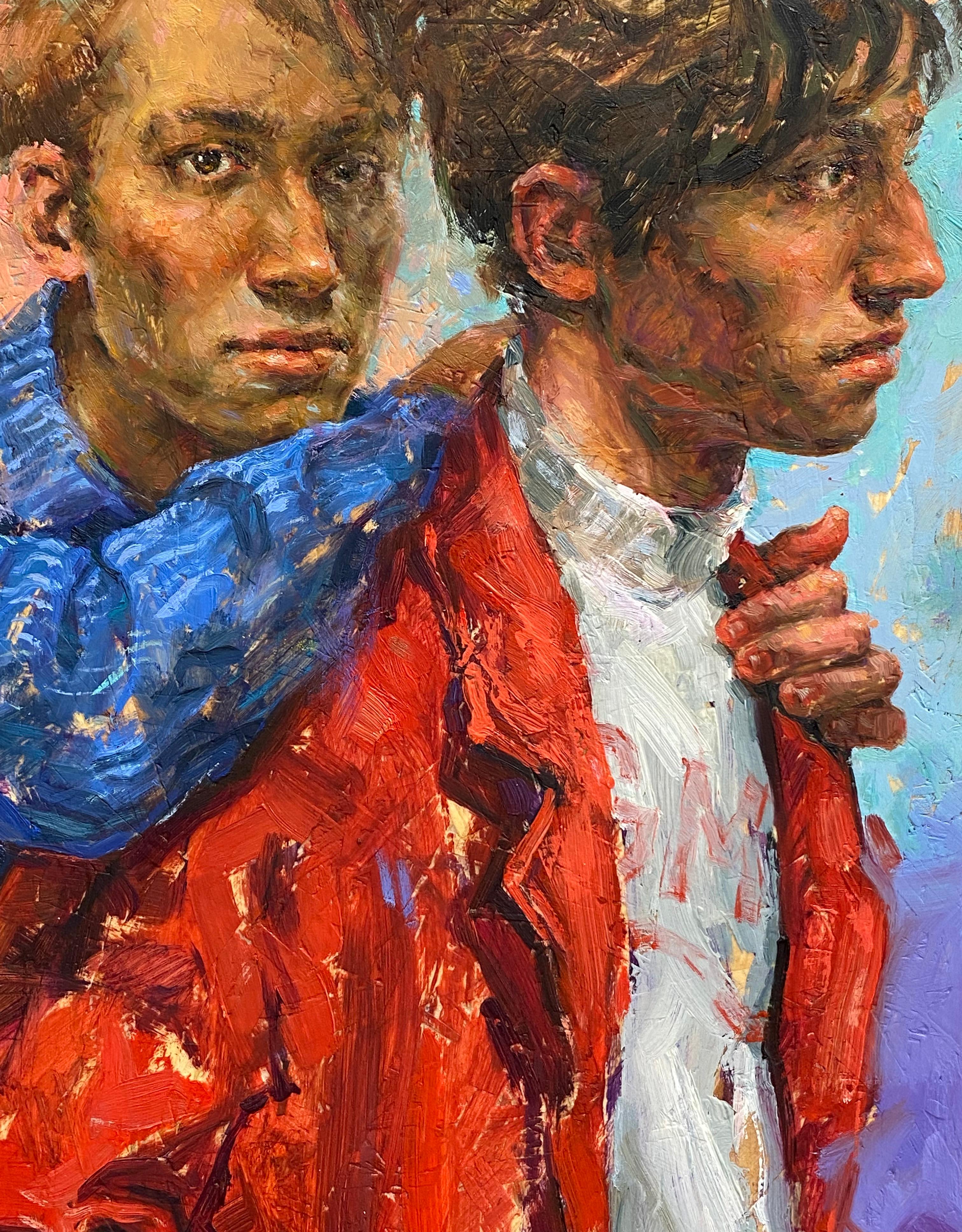 Unspoken- Pintura contemporánea del siglo XXI de una pareja de chicos en venta 1