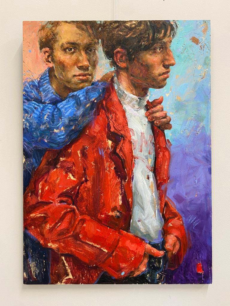 Unspoken- Pintura contemporánea del siglo XXI de una pareja de chicos en venta 4